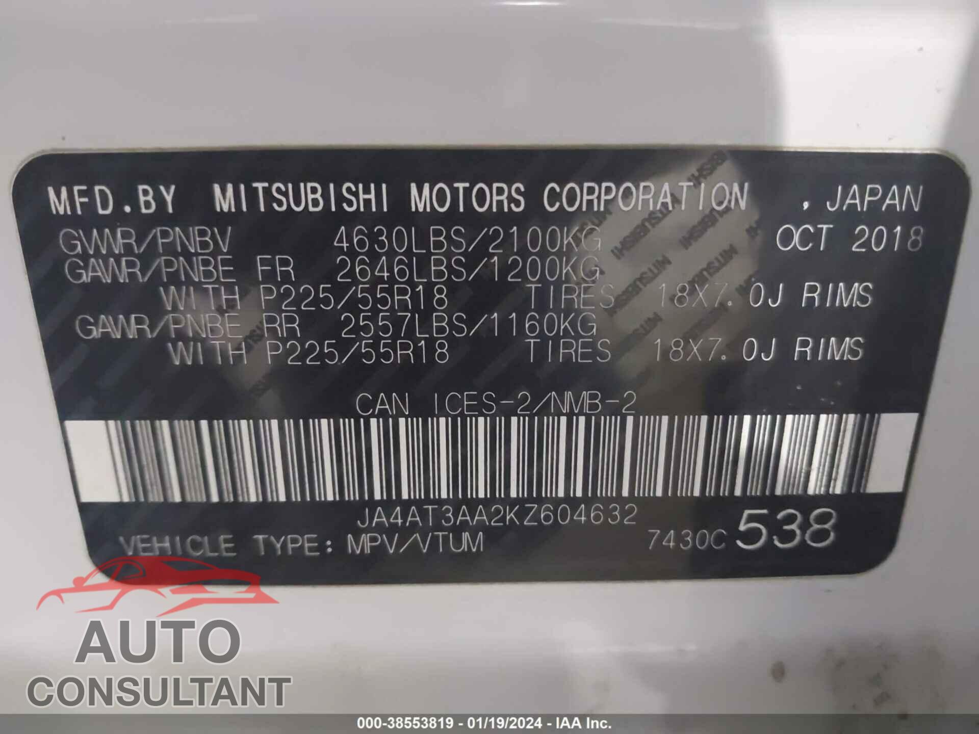 MITSUBISHI ECLIPSE CROSS 2019 - JA4AT3AA2KZ604632