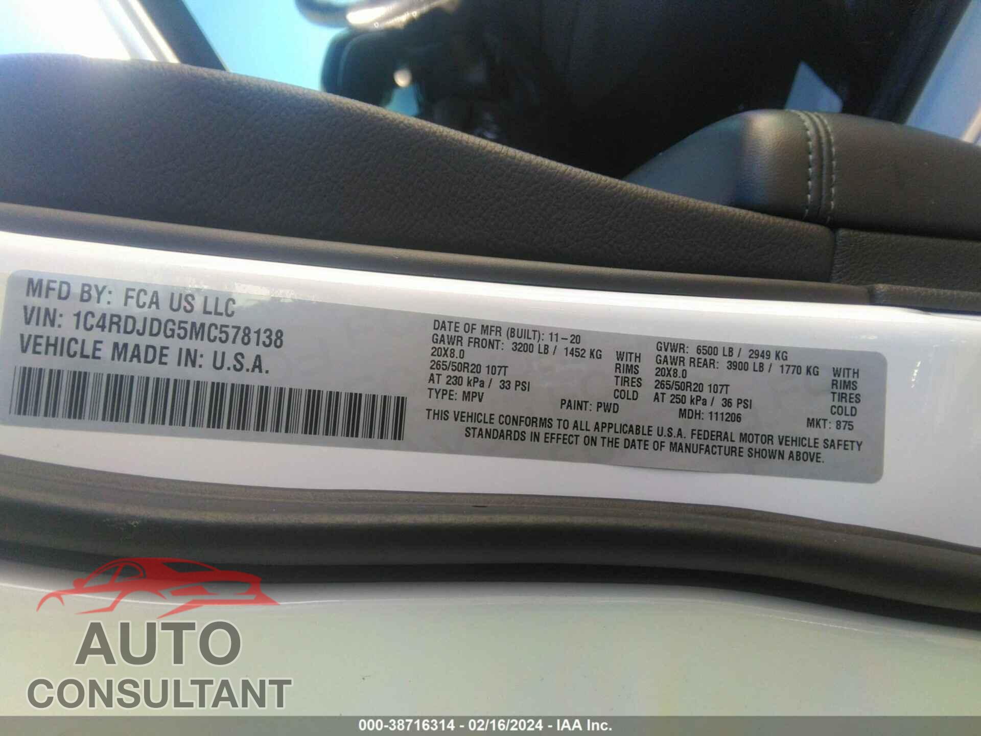 DODGE DURANGO 2021 - 1C4RDJDG5MC578138