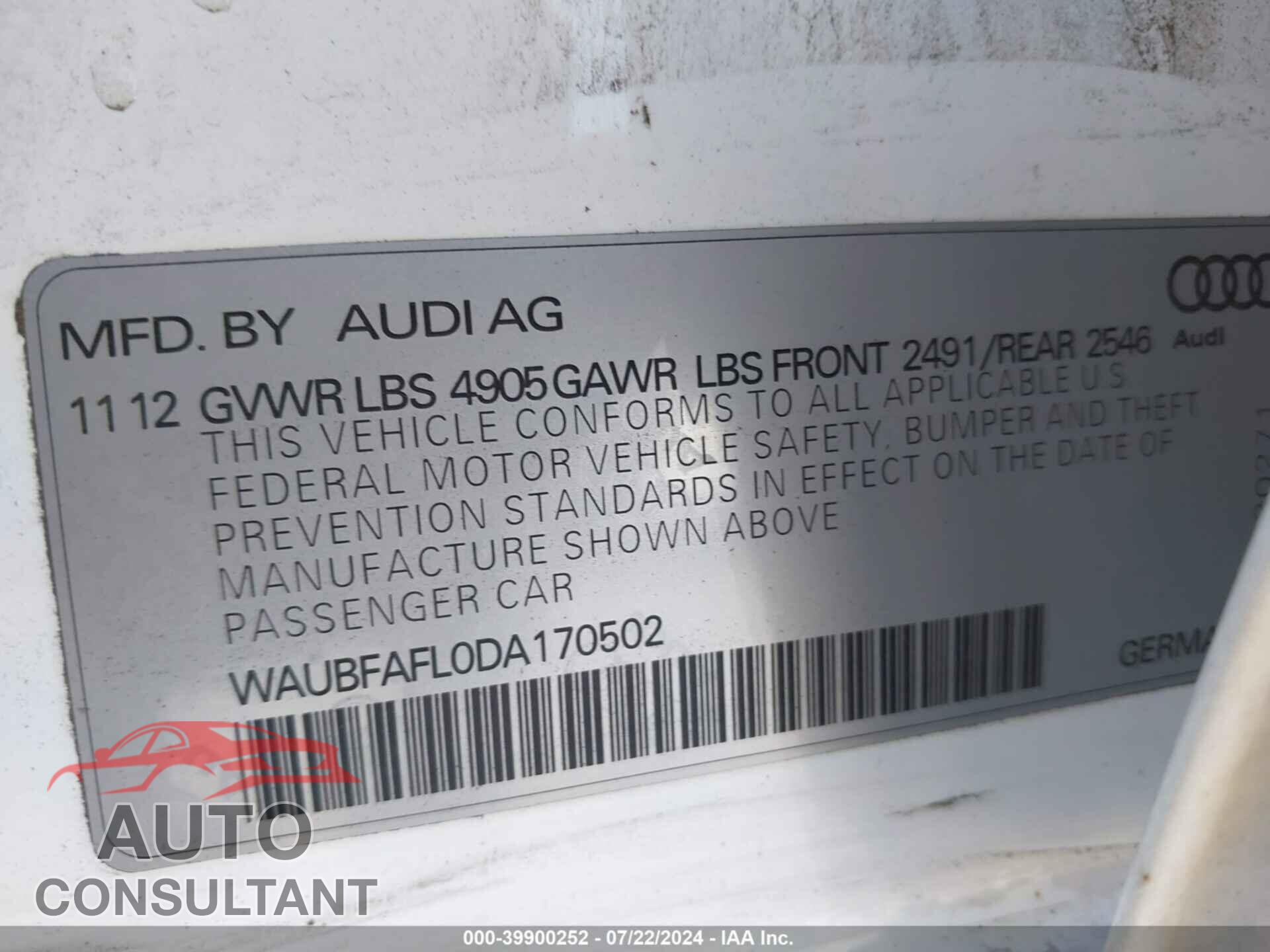 AUDI A4 2013 - WAUBFAFL0DA170502