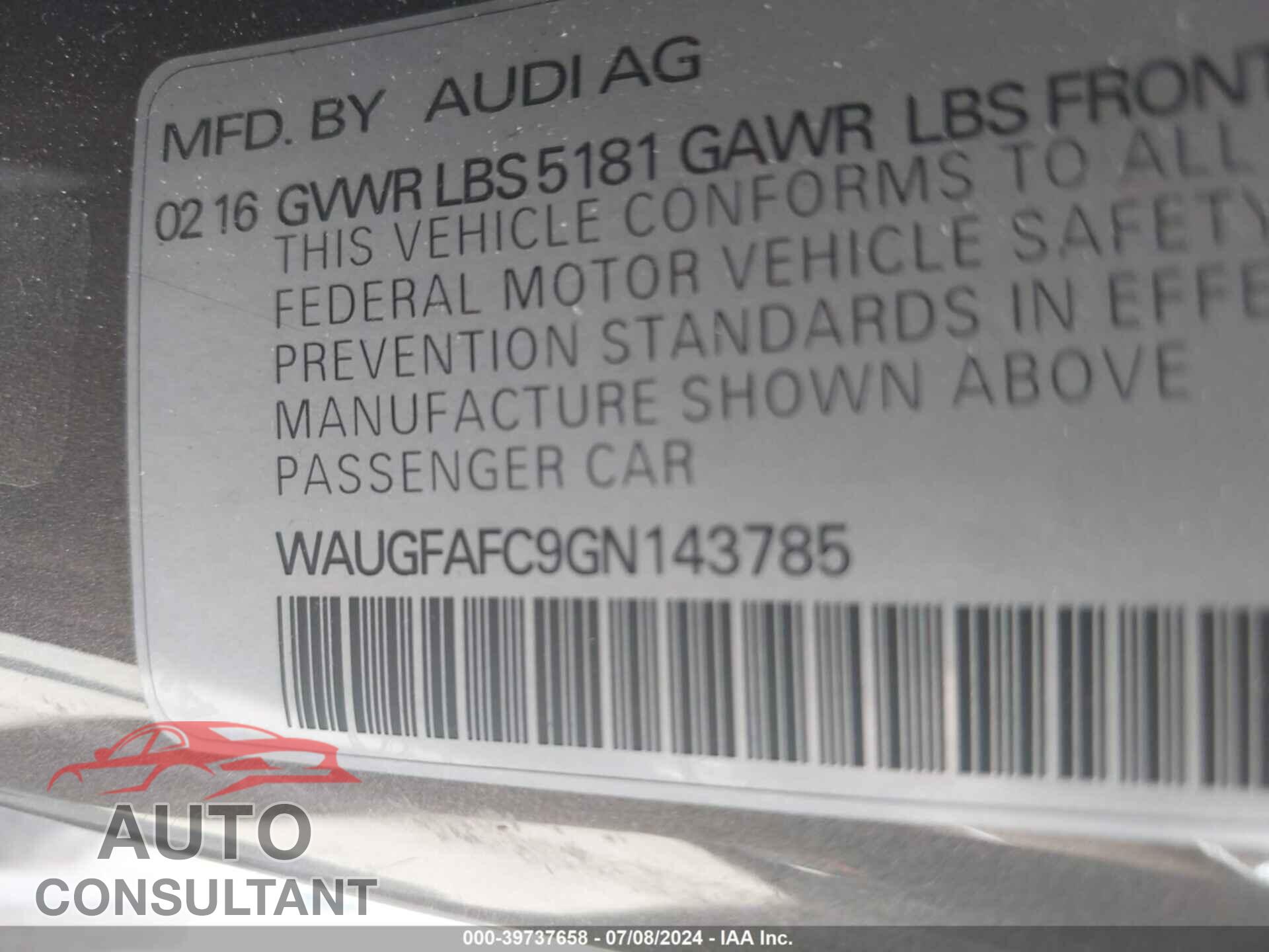 AUDI A6 2016 - WAUGFAFC9GN143785