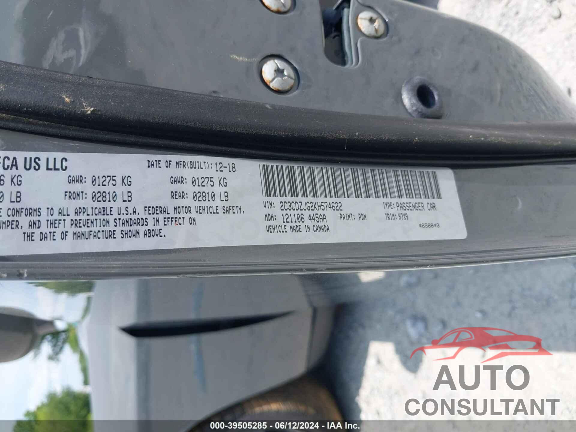 DODGE CHALLENGER 2019 - 2C3CDZJG2KH574622