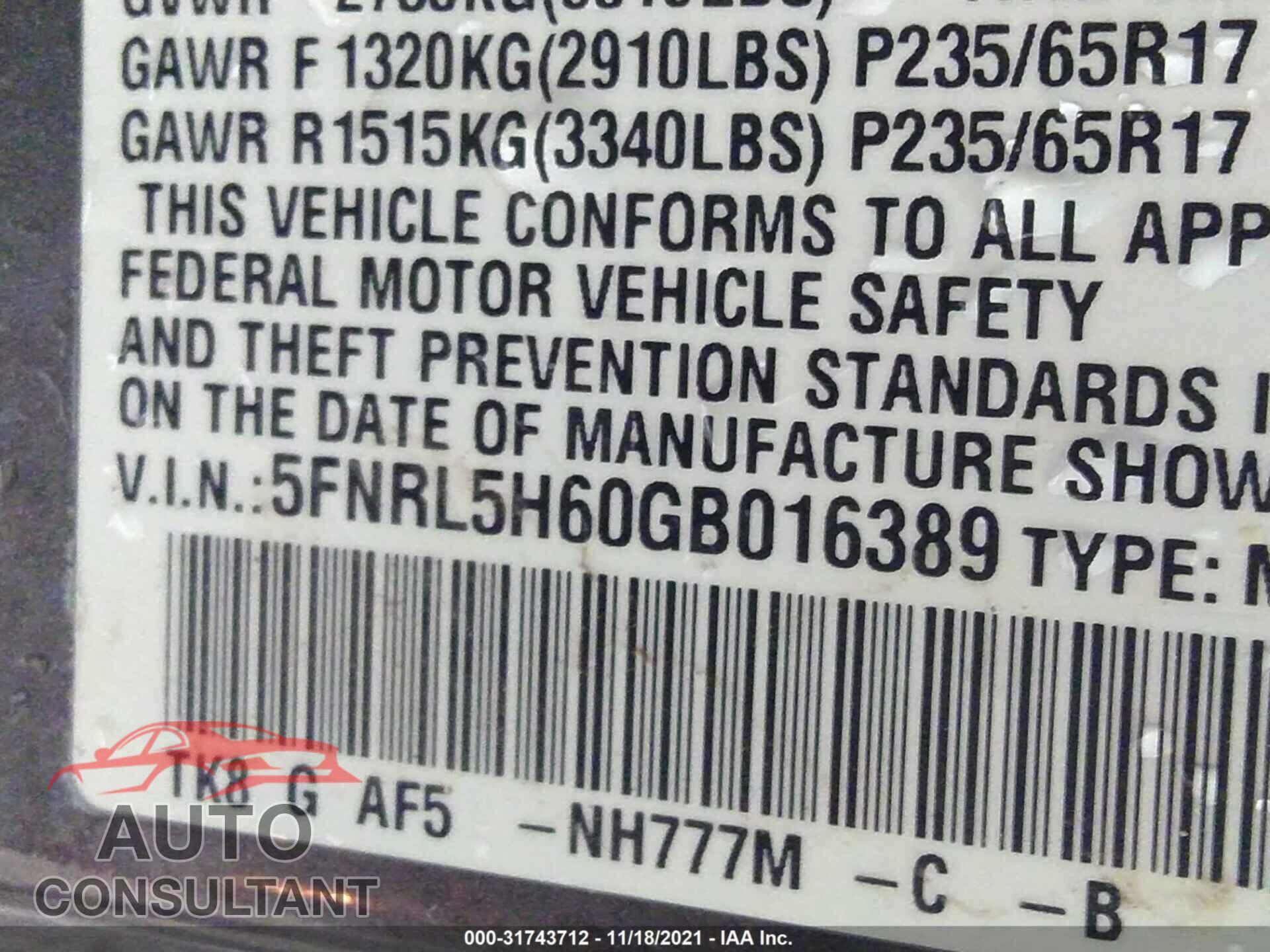 HONDA ODYSSEY 2016 - 5FNRL5H60GB016389