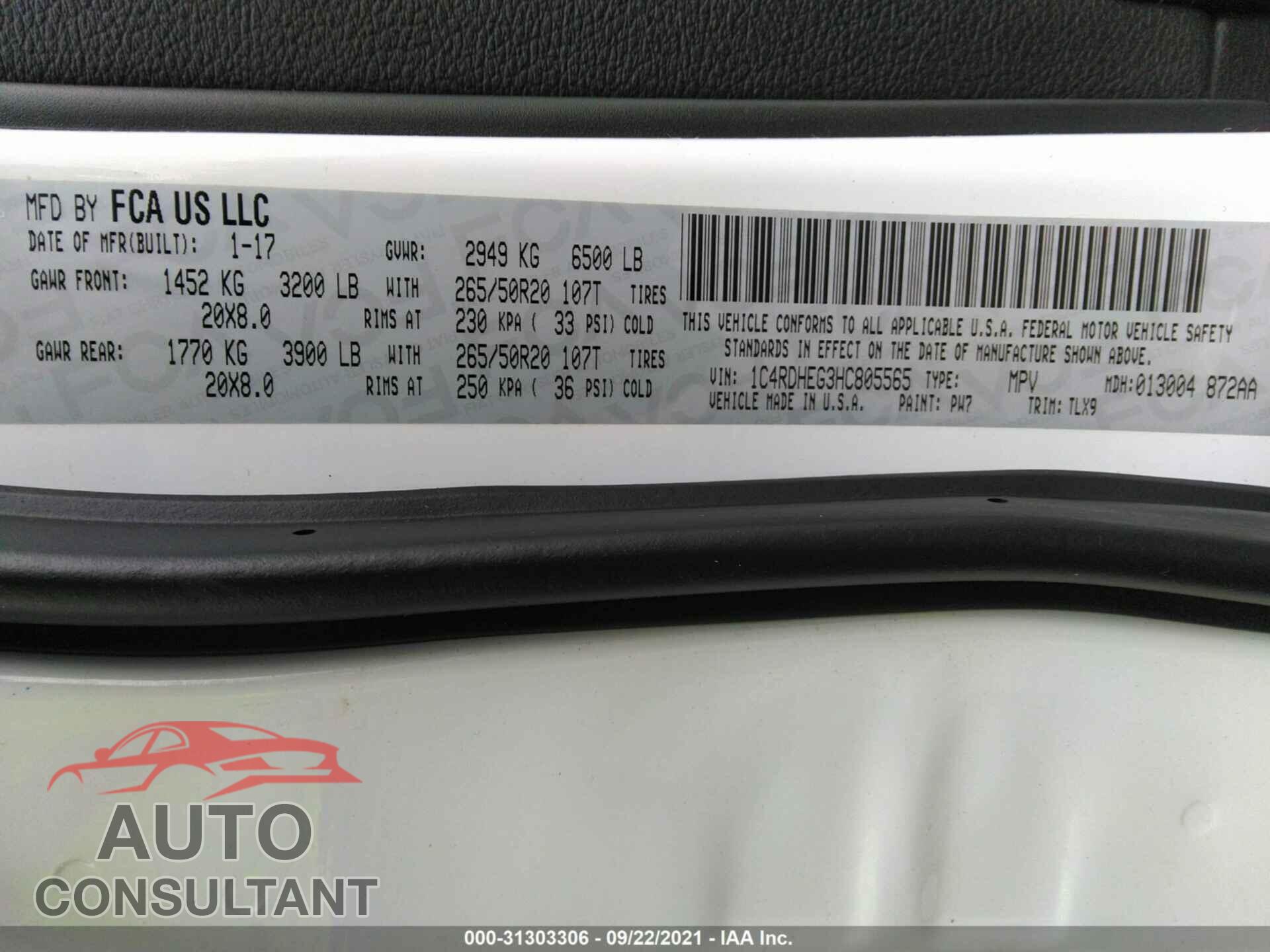 DODGE DURANGO 2017 - 1C4RDHEG3HC805565