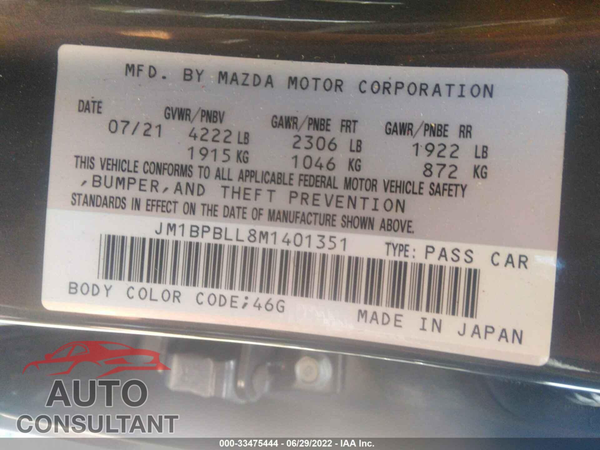 MAZDA MAZDA3 HATCHBACK 2021 - JM1BPBLL8M1401351
