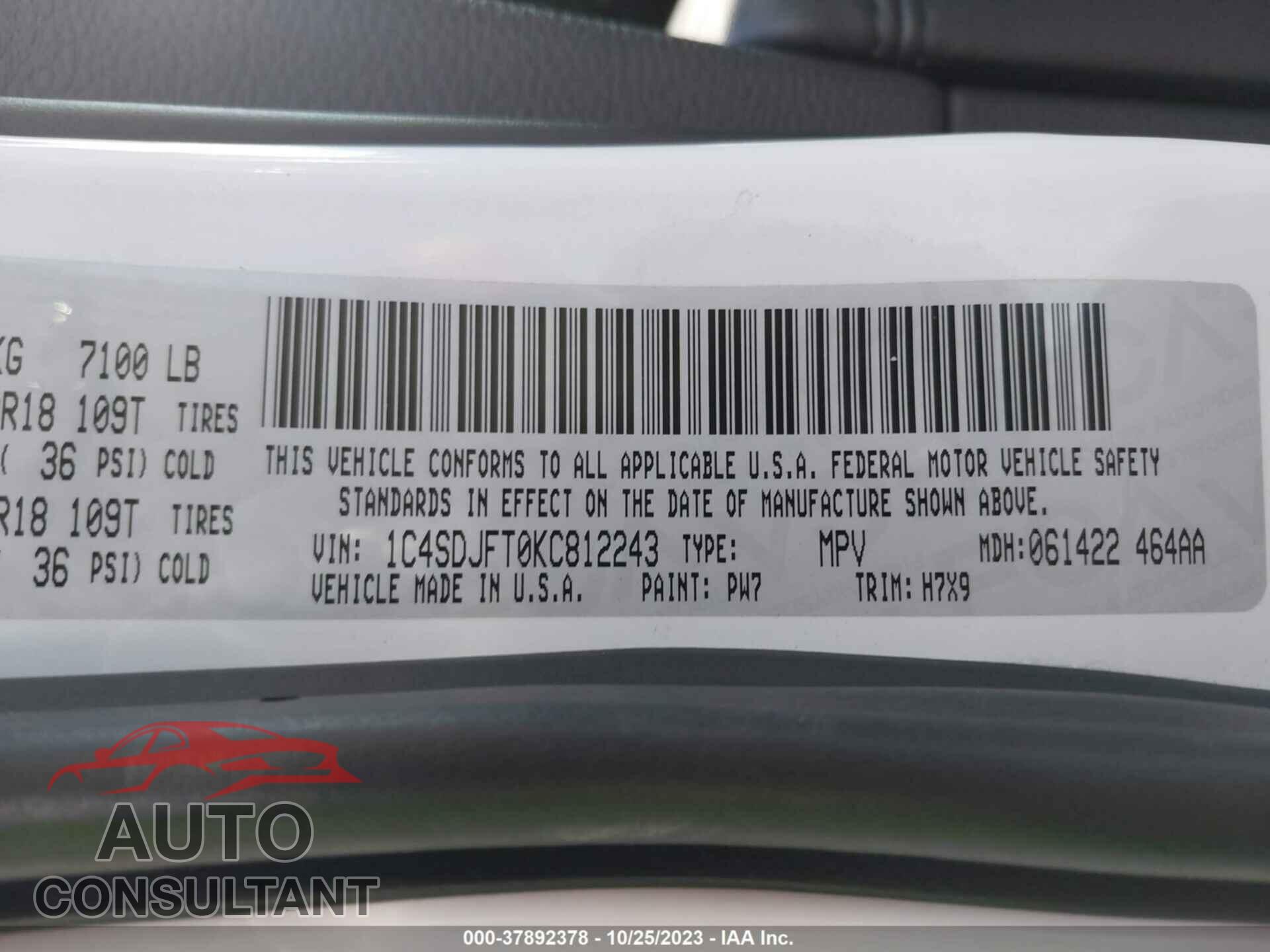 DODGE DURANGO 2019 - 1C4SDJFT0KC812243