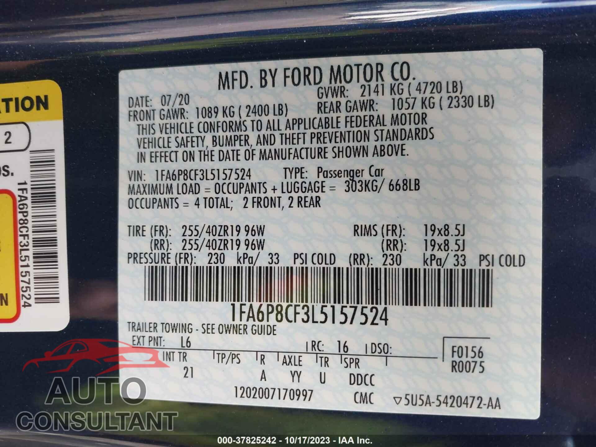 FORD MUSTANG 2020 - 1FA6P8CF3L5157524