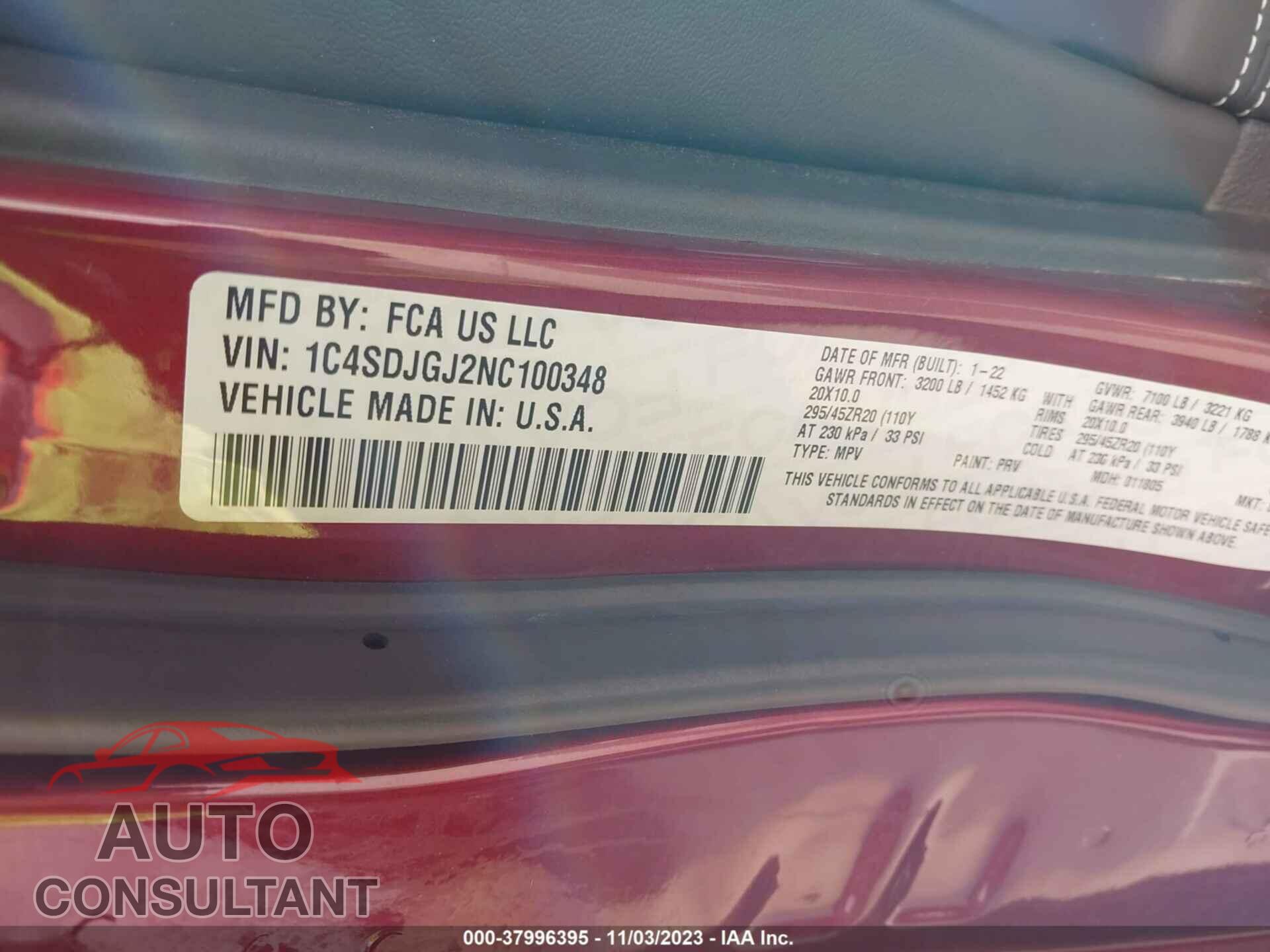 DODGE DURANGO 2022 - 1C4SDJGJ2NC100348