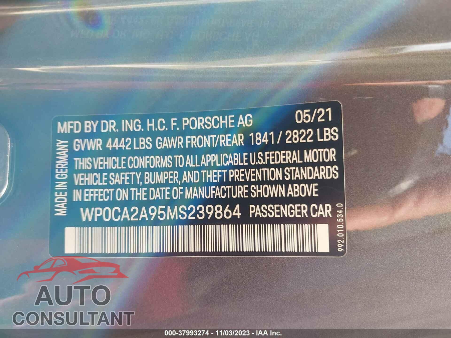 PORSCHE 911 2021 - WP0CA2A95MS239864