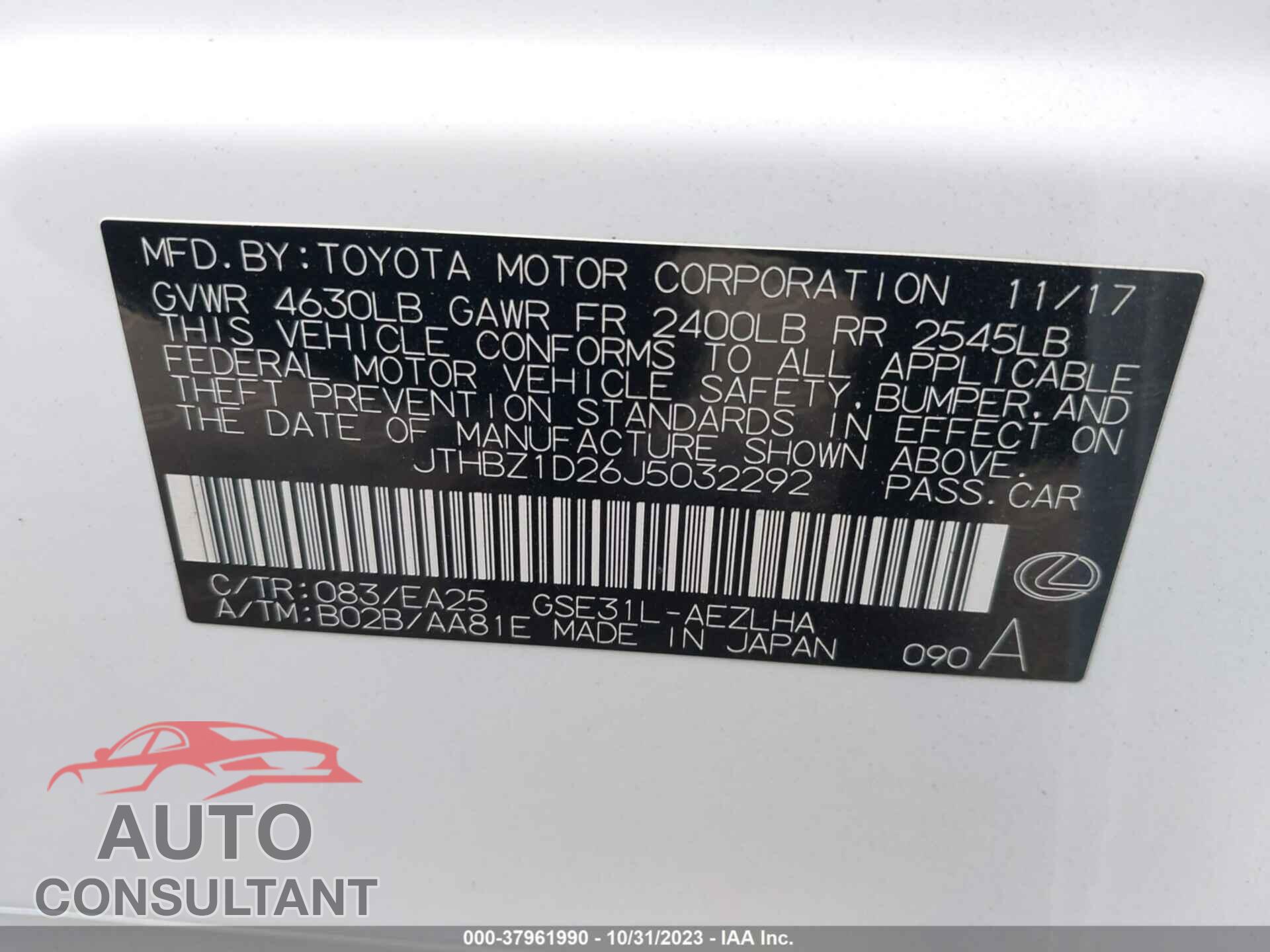 LEXUS IS 350 2018 - JTHBZ1D26J5032292