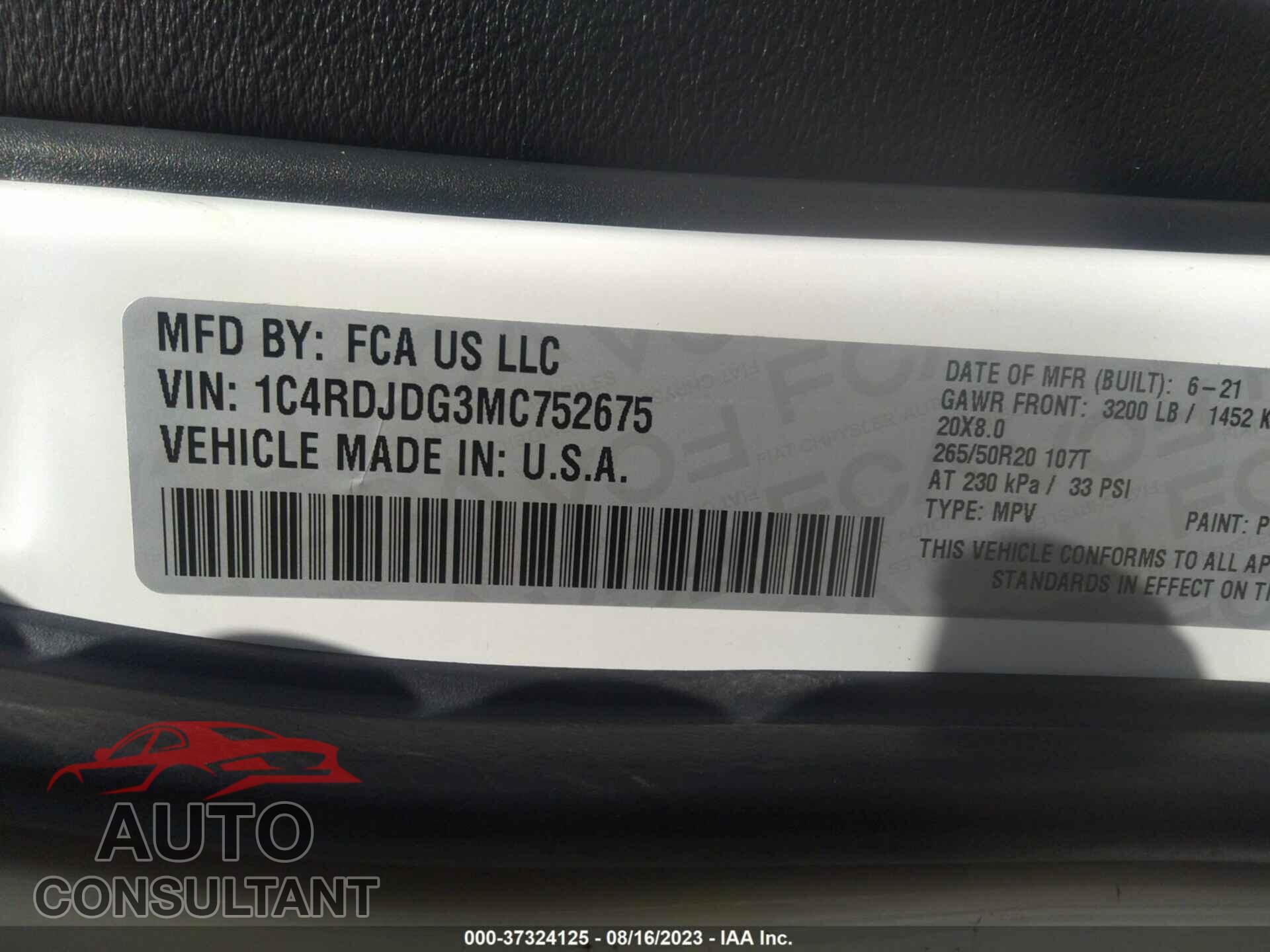 DODGE DURANGO 2021 - 1C4RDJDG3MC752675