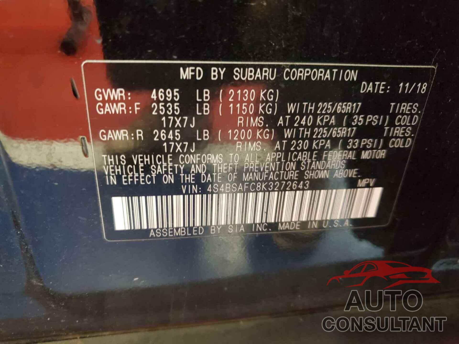 SUBARU OUTBACK 2019 - 4S4BSAFC8K3272643