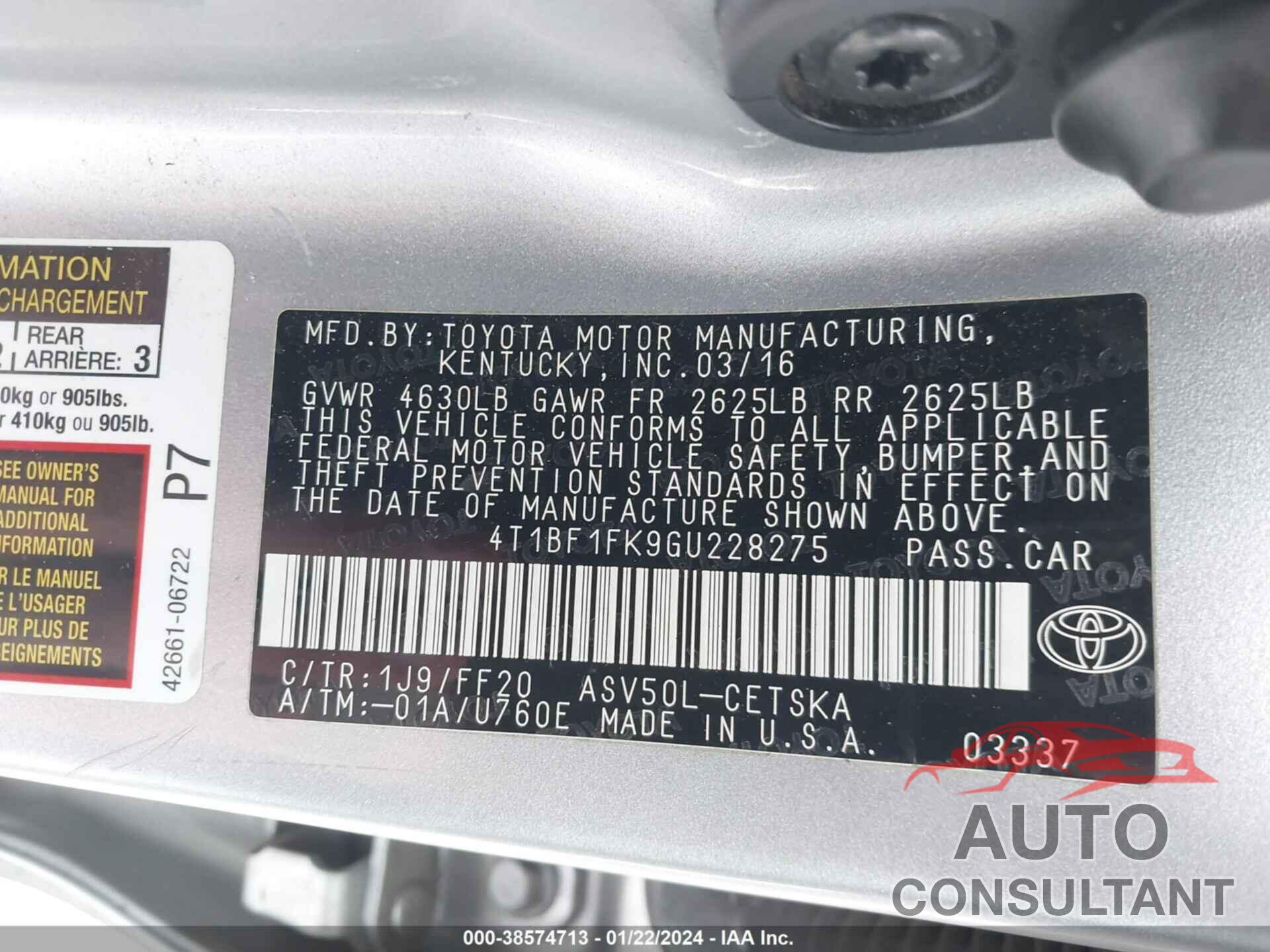 TOYOTA CAMRY 2016 - 4T1BF1FK9GU228275