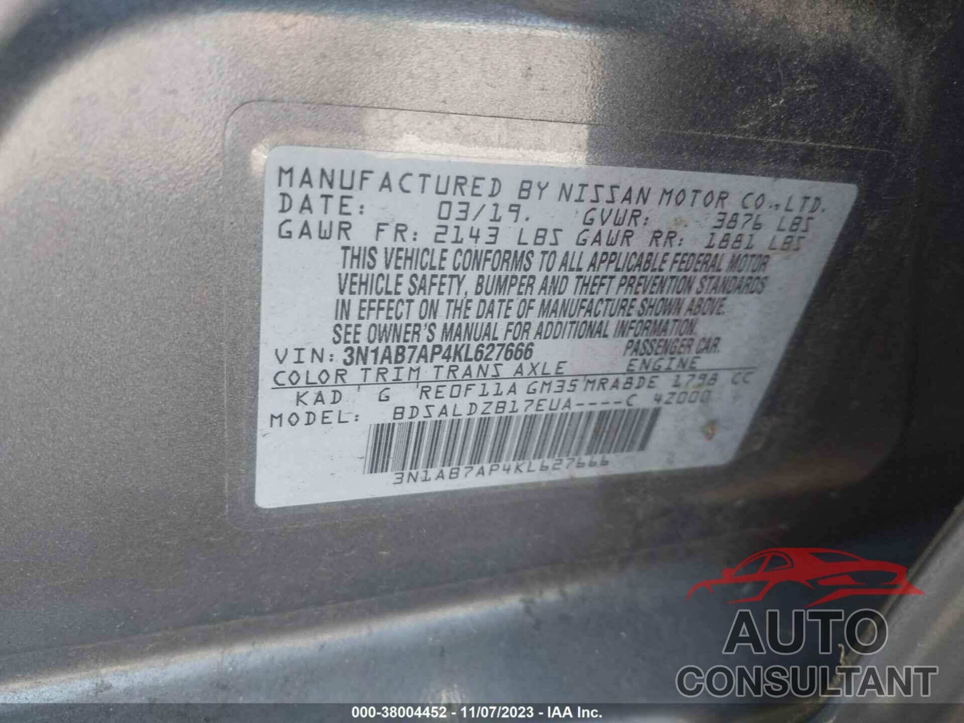 NISSAN SENTRA 2019 - 3N1AB7AP4KL627666