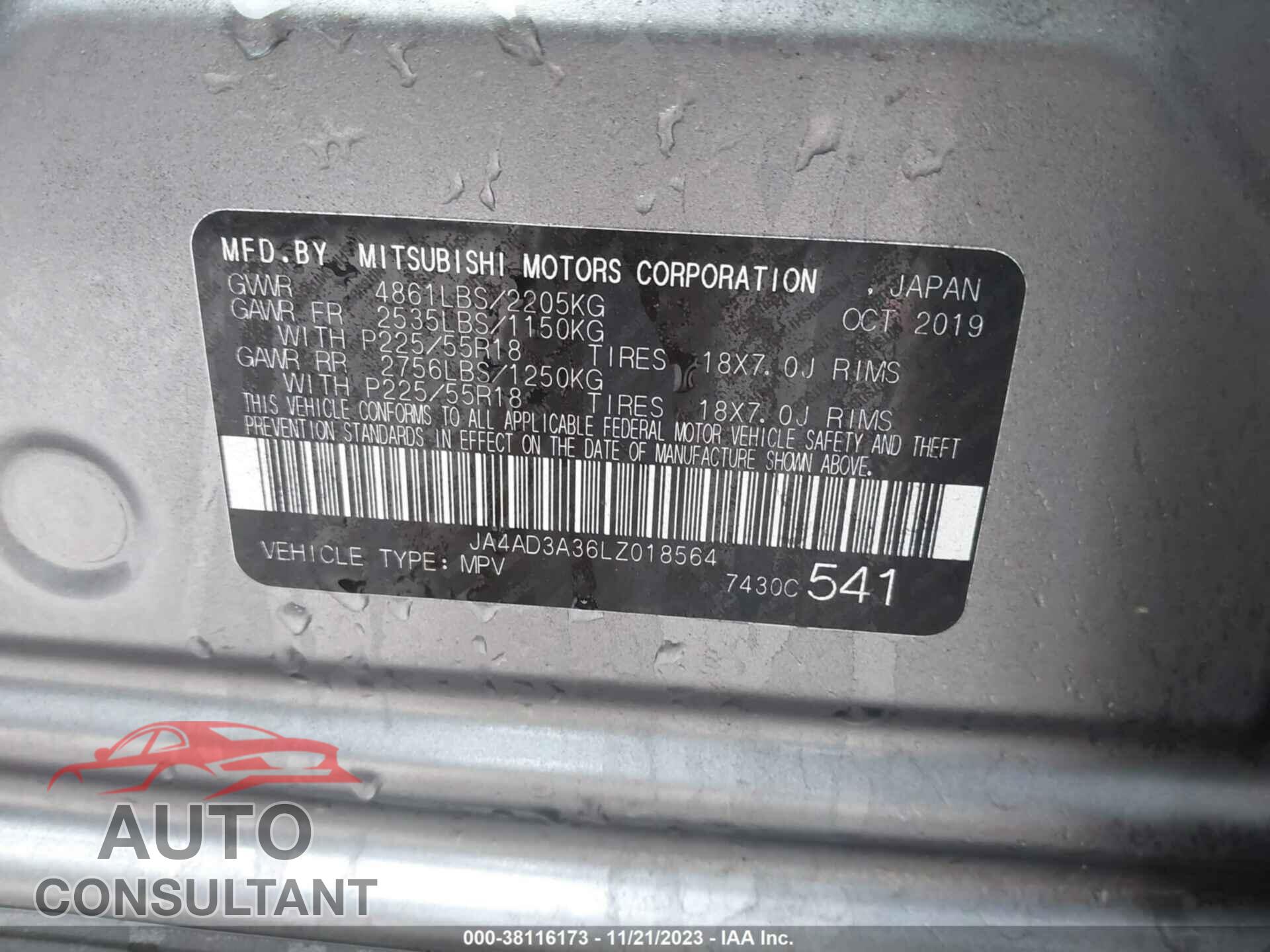 MITSUBISHI OUTLANDER 2020 - JA4AD3A36LZ018564