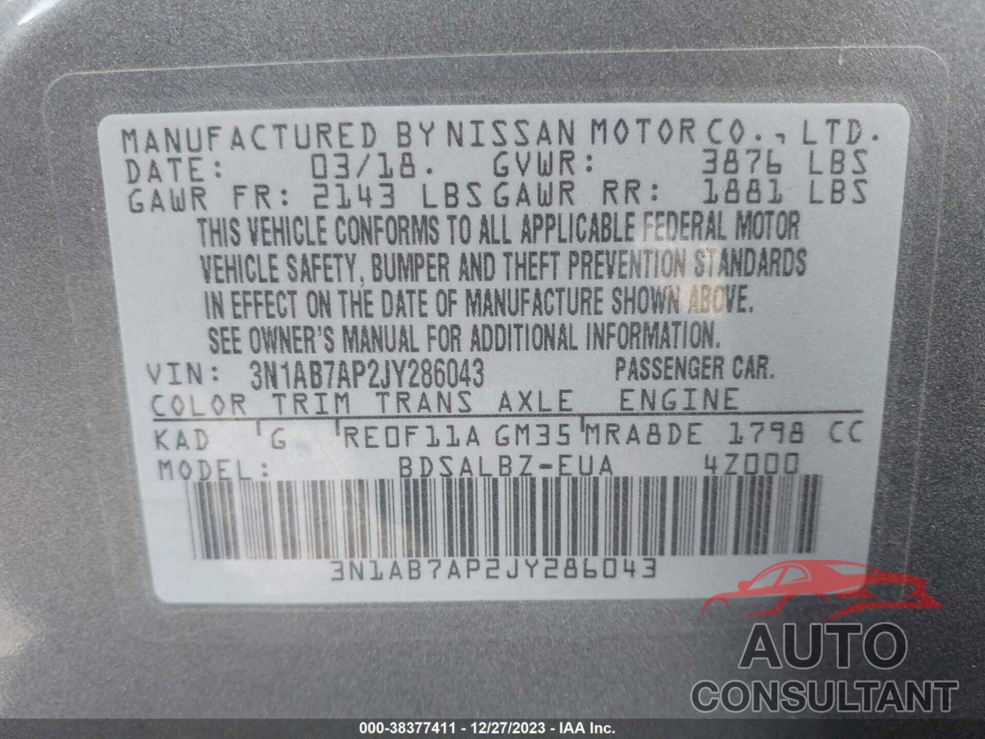 NISSAN SENTRA 2018 - 3N1AB7AP2JY286043