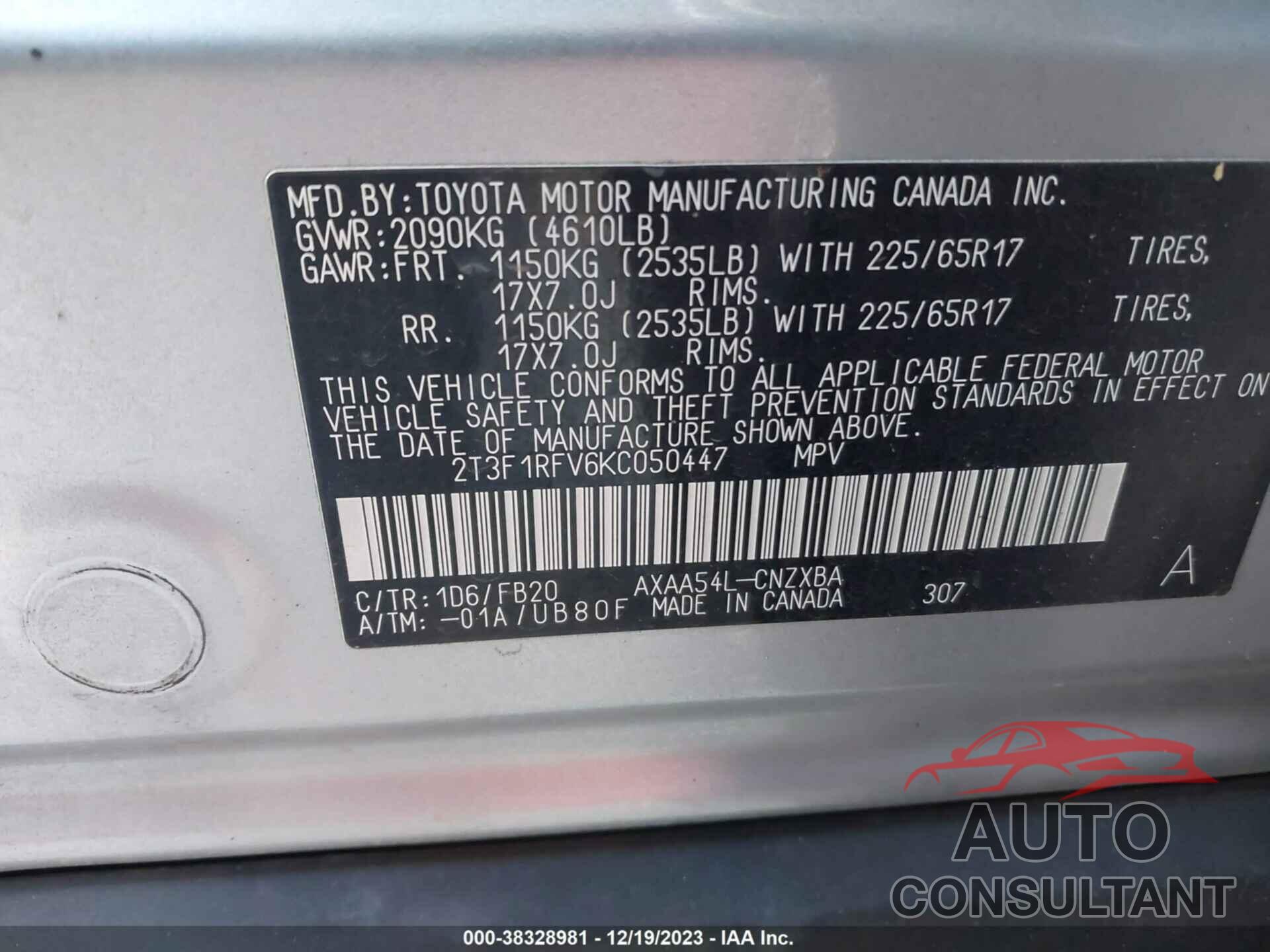 TOYOTA RAV4 2019 - 2T3F1RFV6KC050447