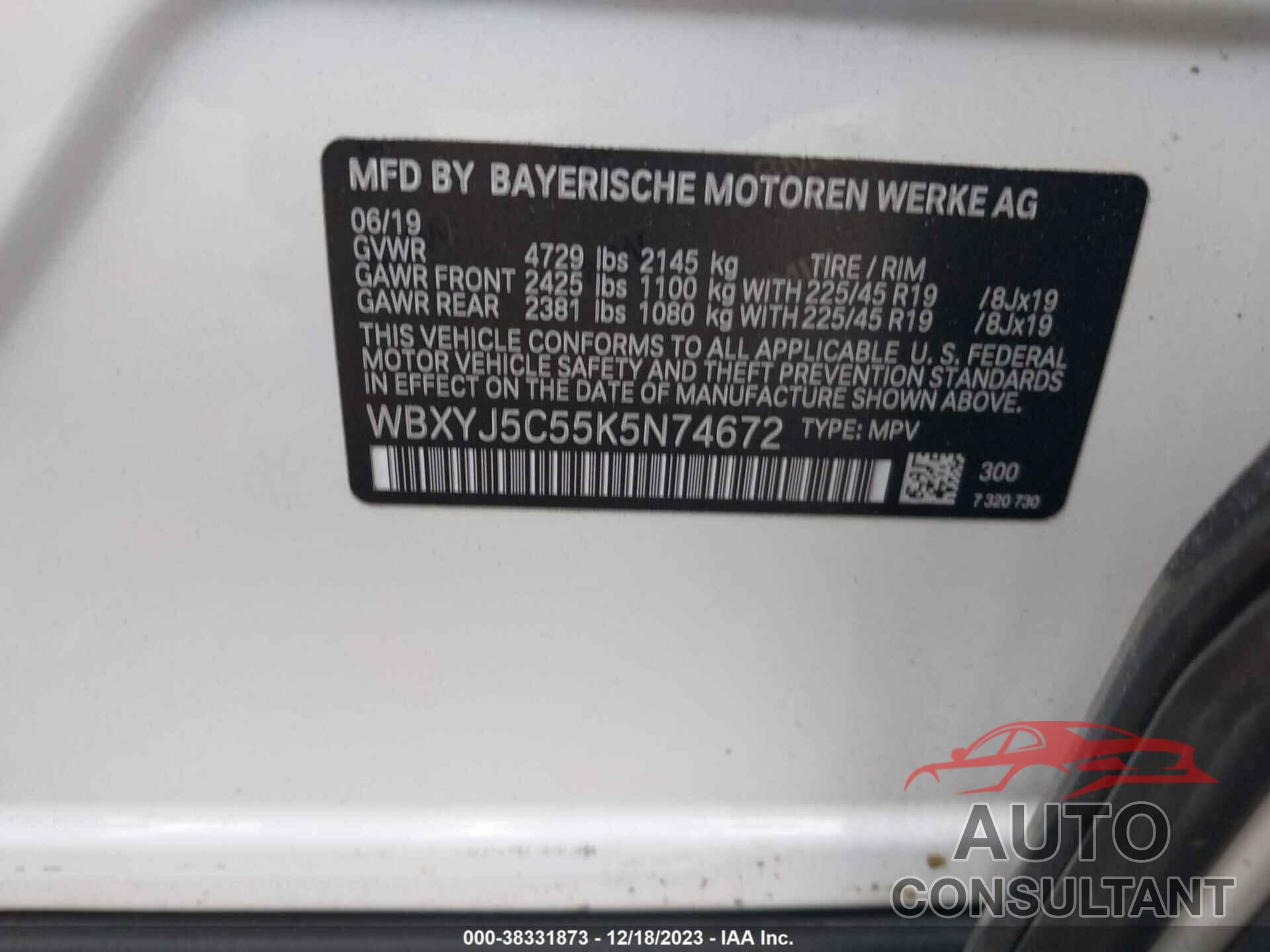 BMW X2 2019 - WBXYJ5C55K5N74672