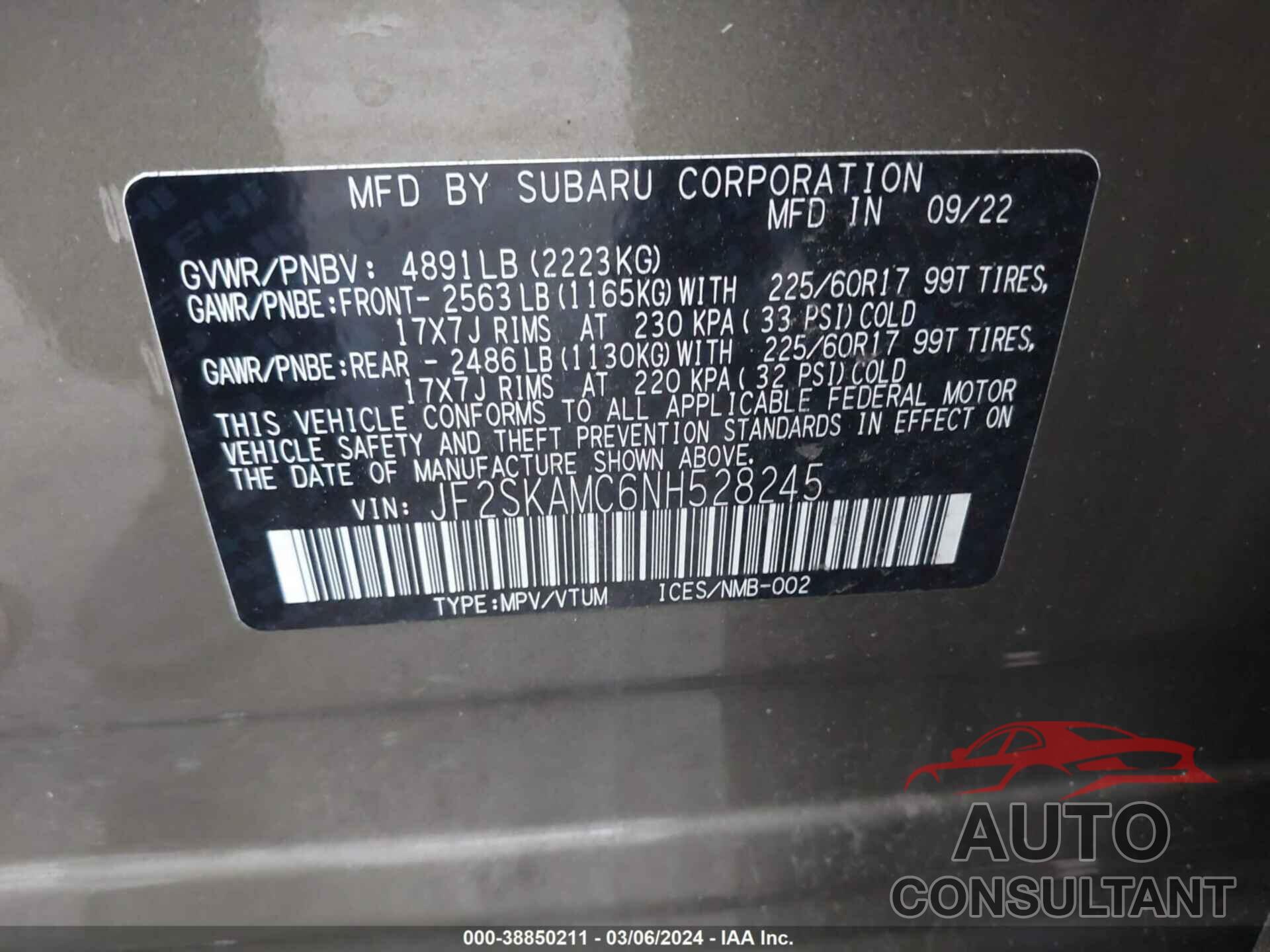 SUBARU FORESTER 2022 - JF2SKAMC6NH528245