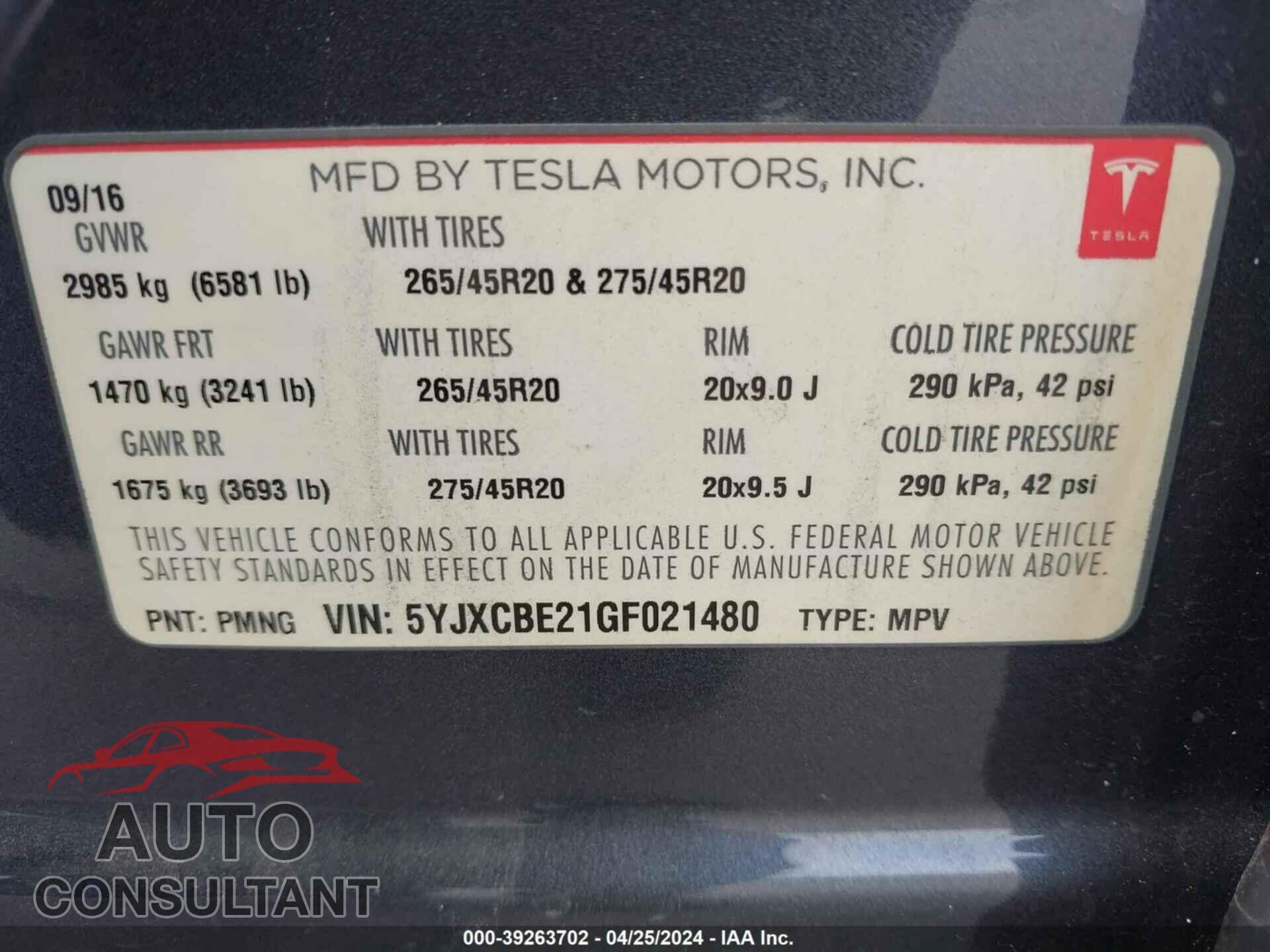 TESLA MODEL X 2016 - 5YJXCBE21GF021480