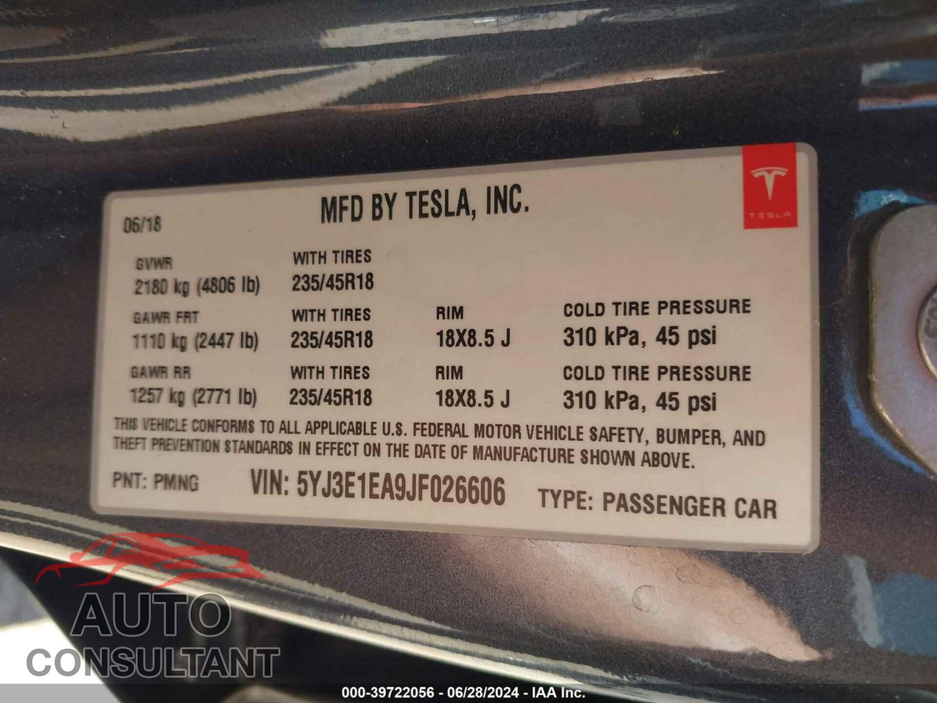 TESLA MODEL 3 2018 - 5YJ3E1EA9JF026606