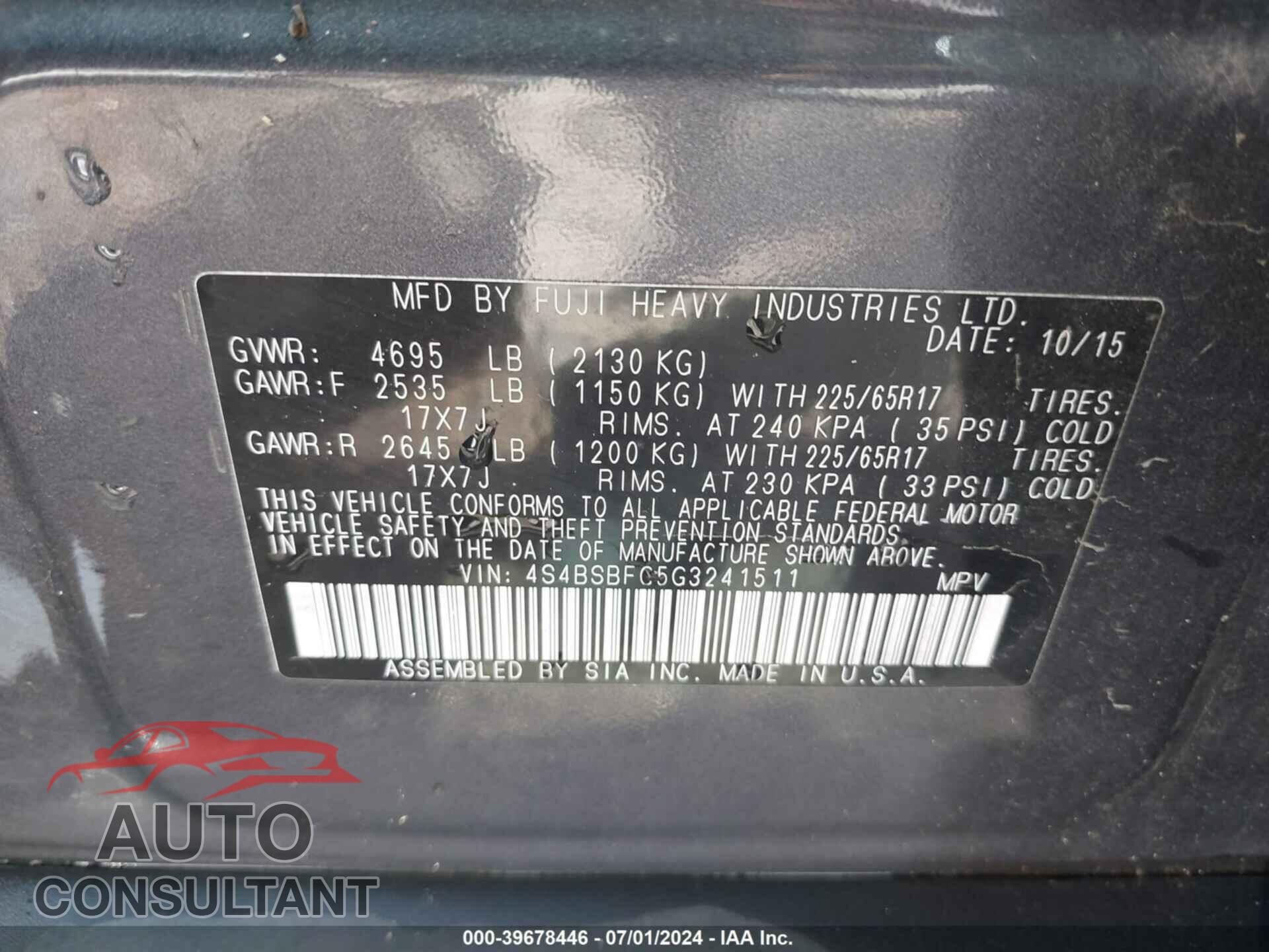 SUBARU OUTBACK 2016 - 4S4BSBFC5G3241511