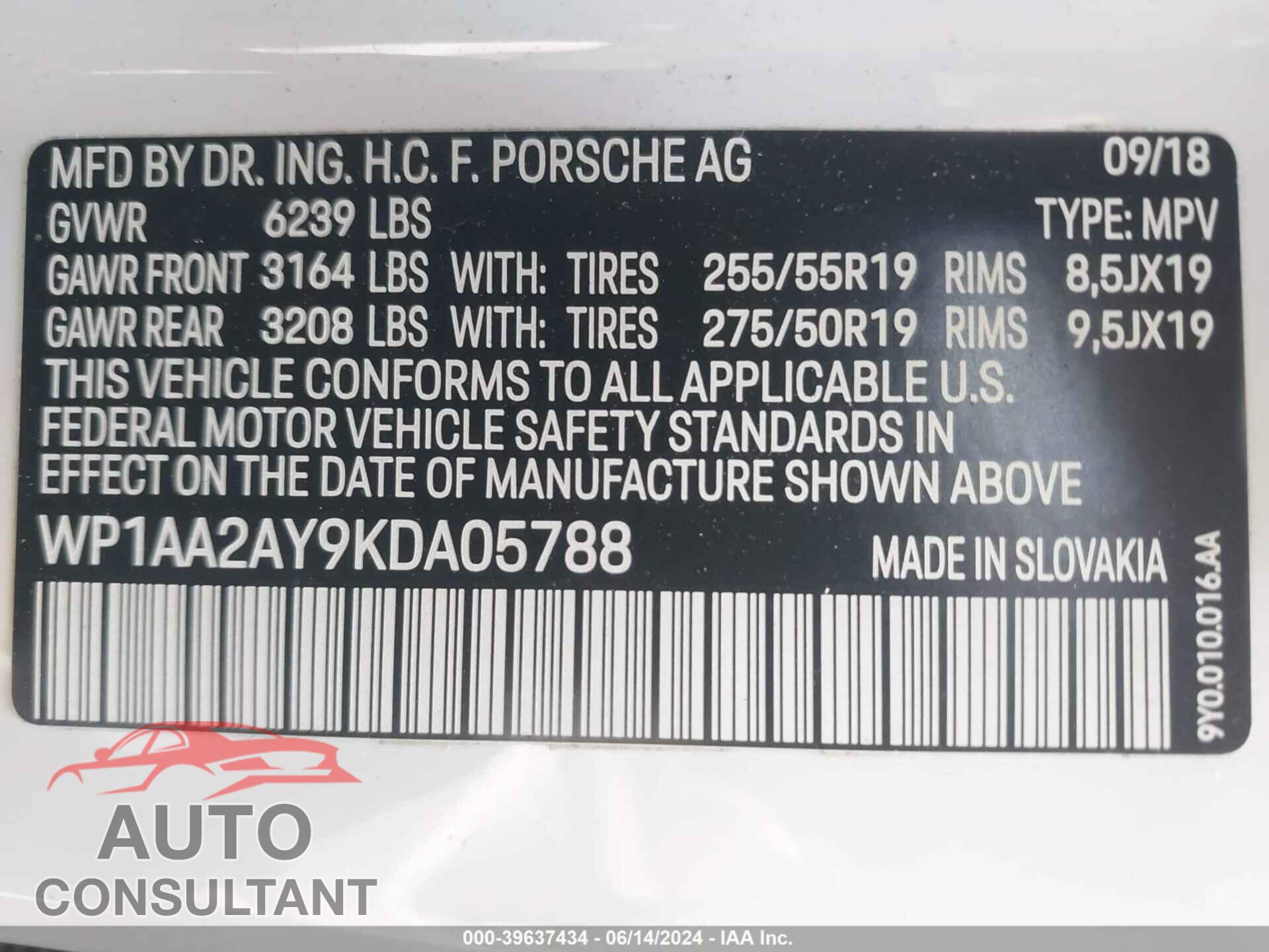 PORSCHE CAYENNE 2019 - WP1AA2AY9KDA05788