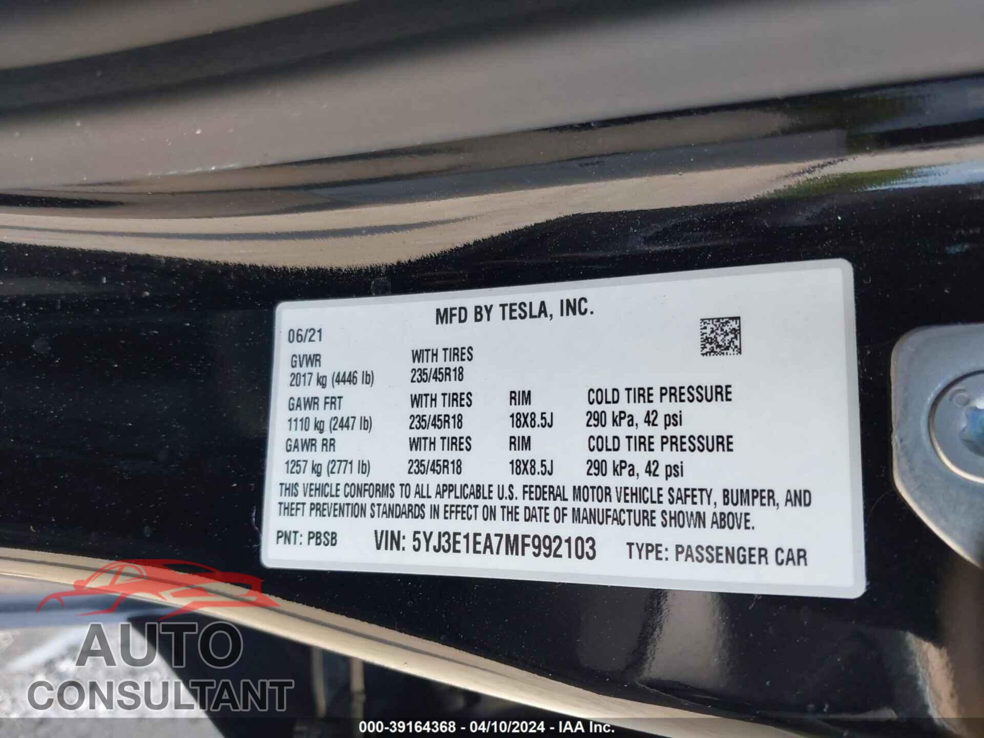 TESLA MODEL 3 2021 - 5YJ3E1EA7MF992103