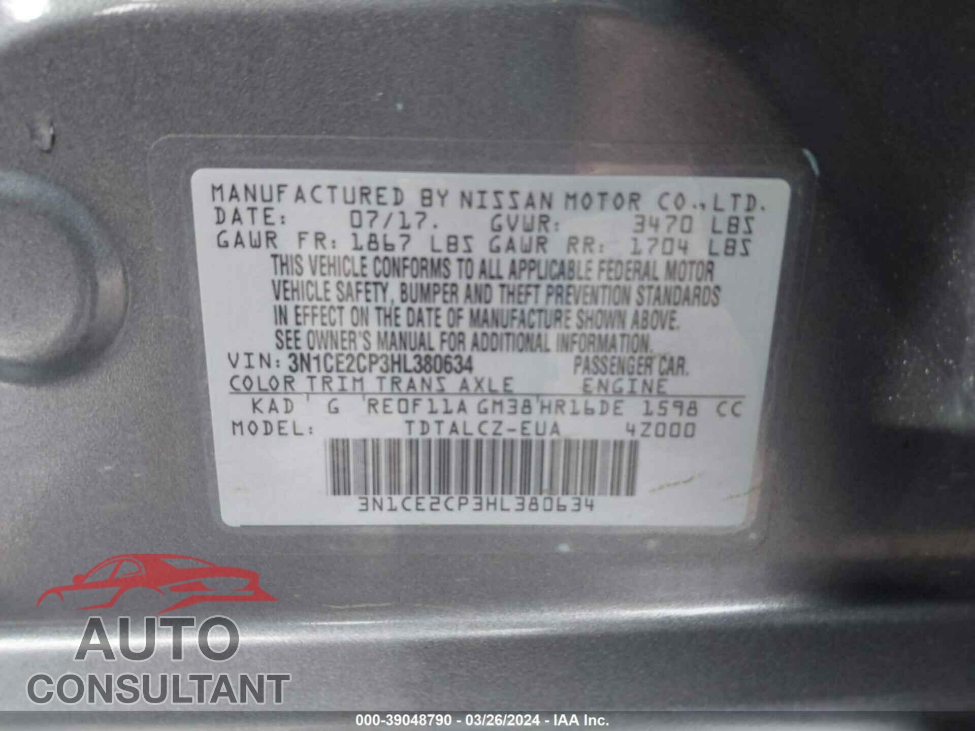 NISSAN VERSA NOTE 2017 - 3N1CE2CP3HL380634