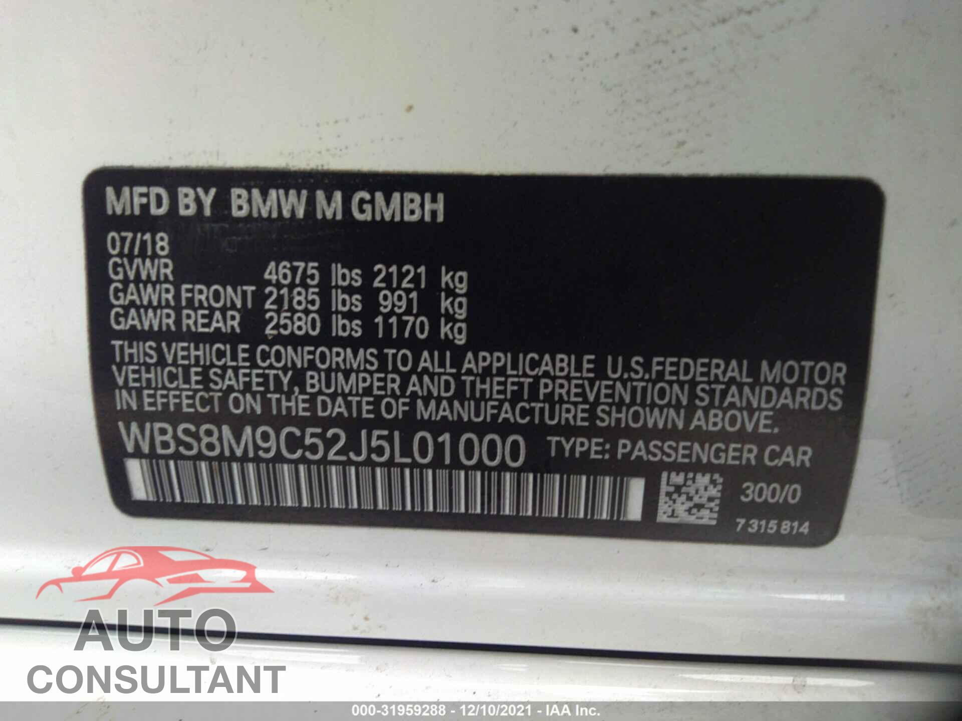 BMW M3 2018 - WBS8M9C52J5L01000