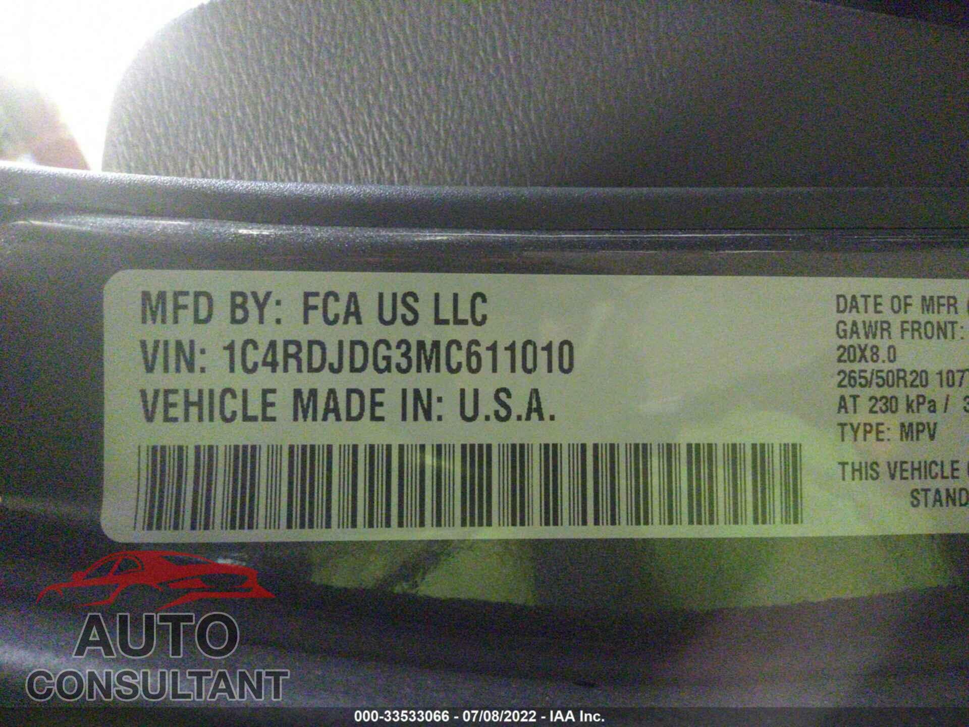 DODGE DURANGO 2021 - 1C4RDJDG3MC611010
