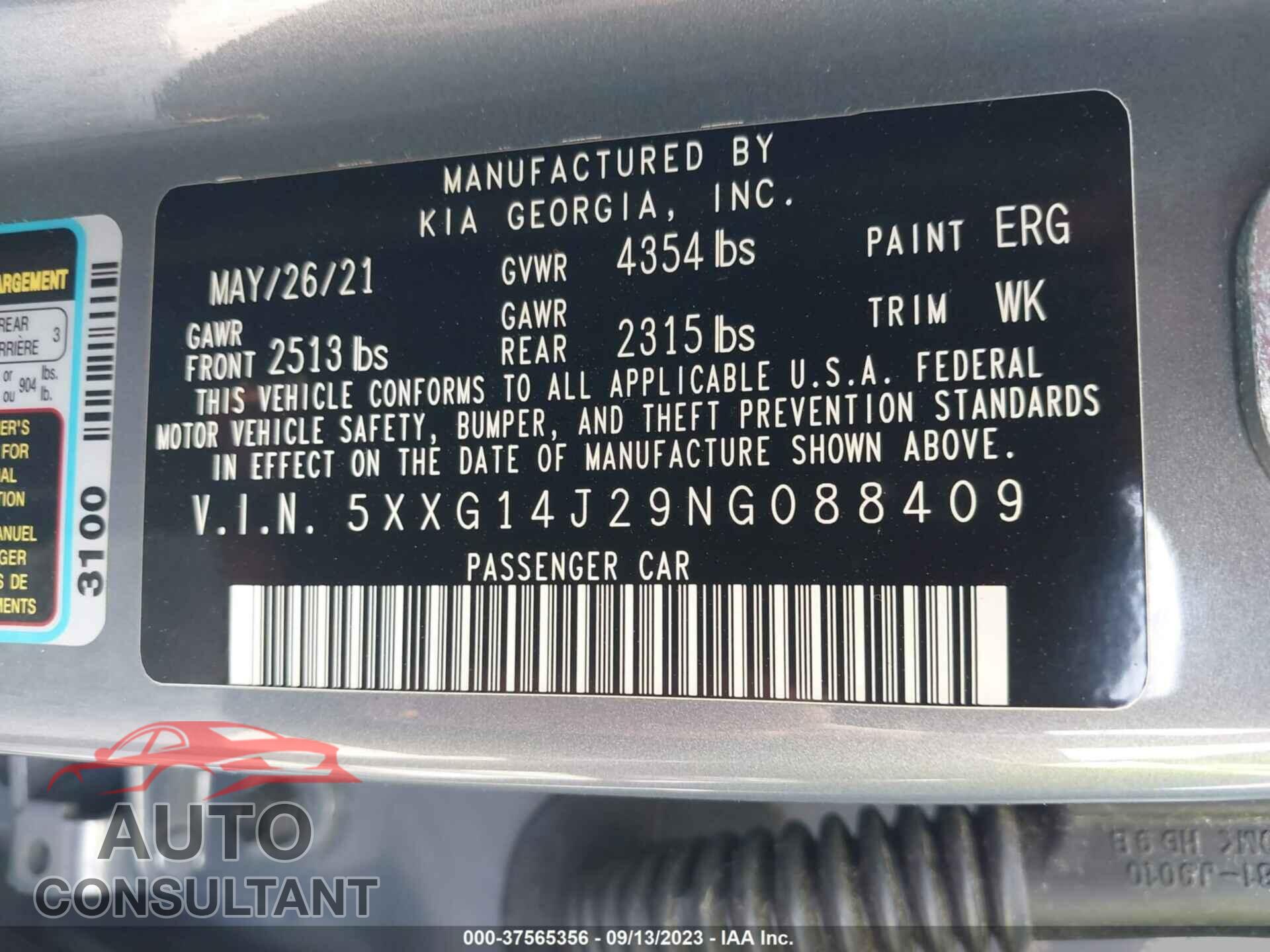 KIA K5 2022 - 5XXG14J29NG088409
