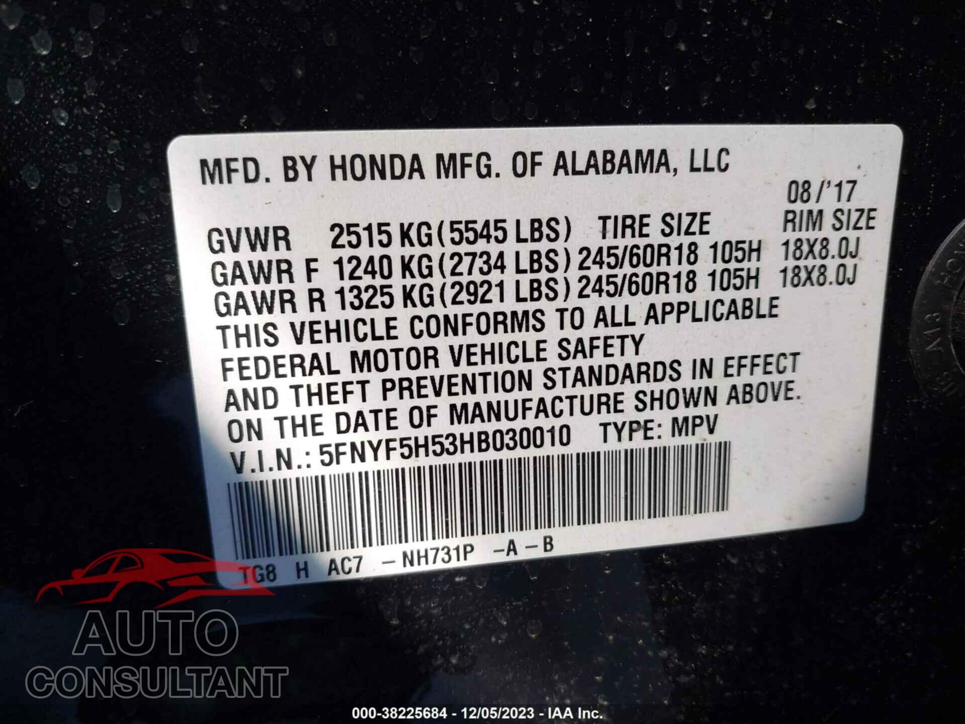 HONDA PILOT 2017 - 5FNYF5H53HB030010