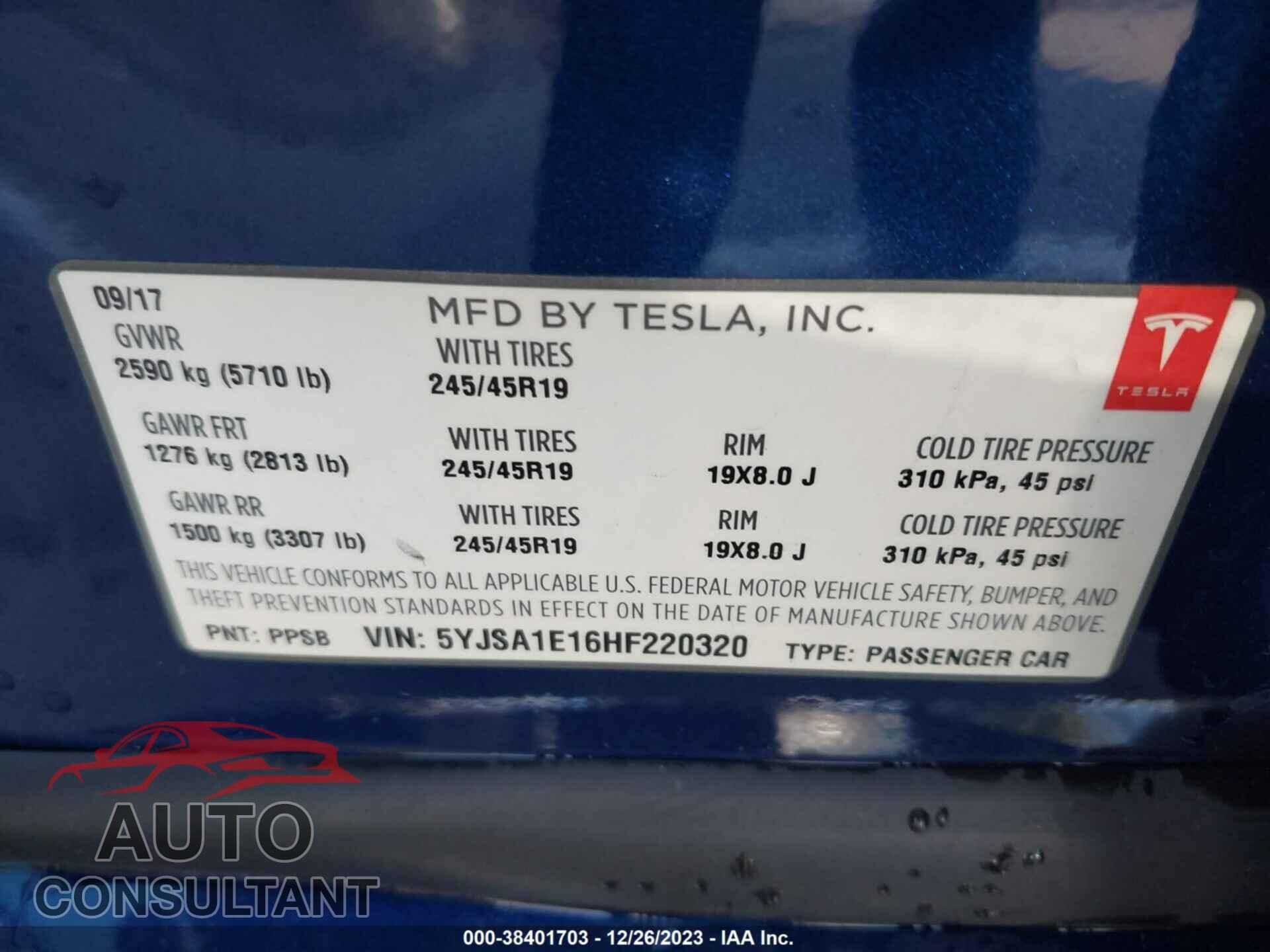 TESLA MODEL S 2017 - 5YJSA1E16HF220320