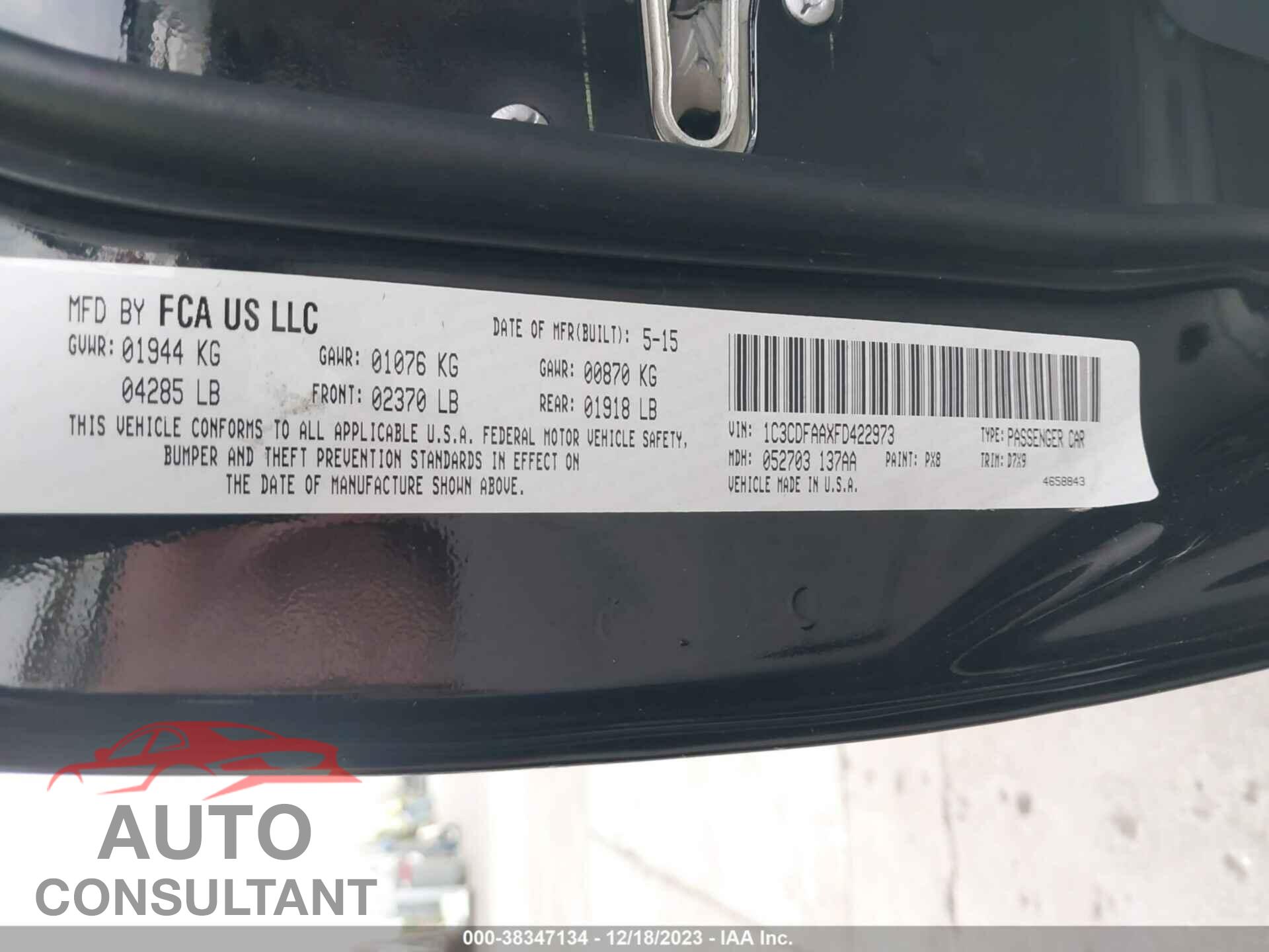 DODGE DART 2015 - 1C3CDFAAXFD422973