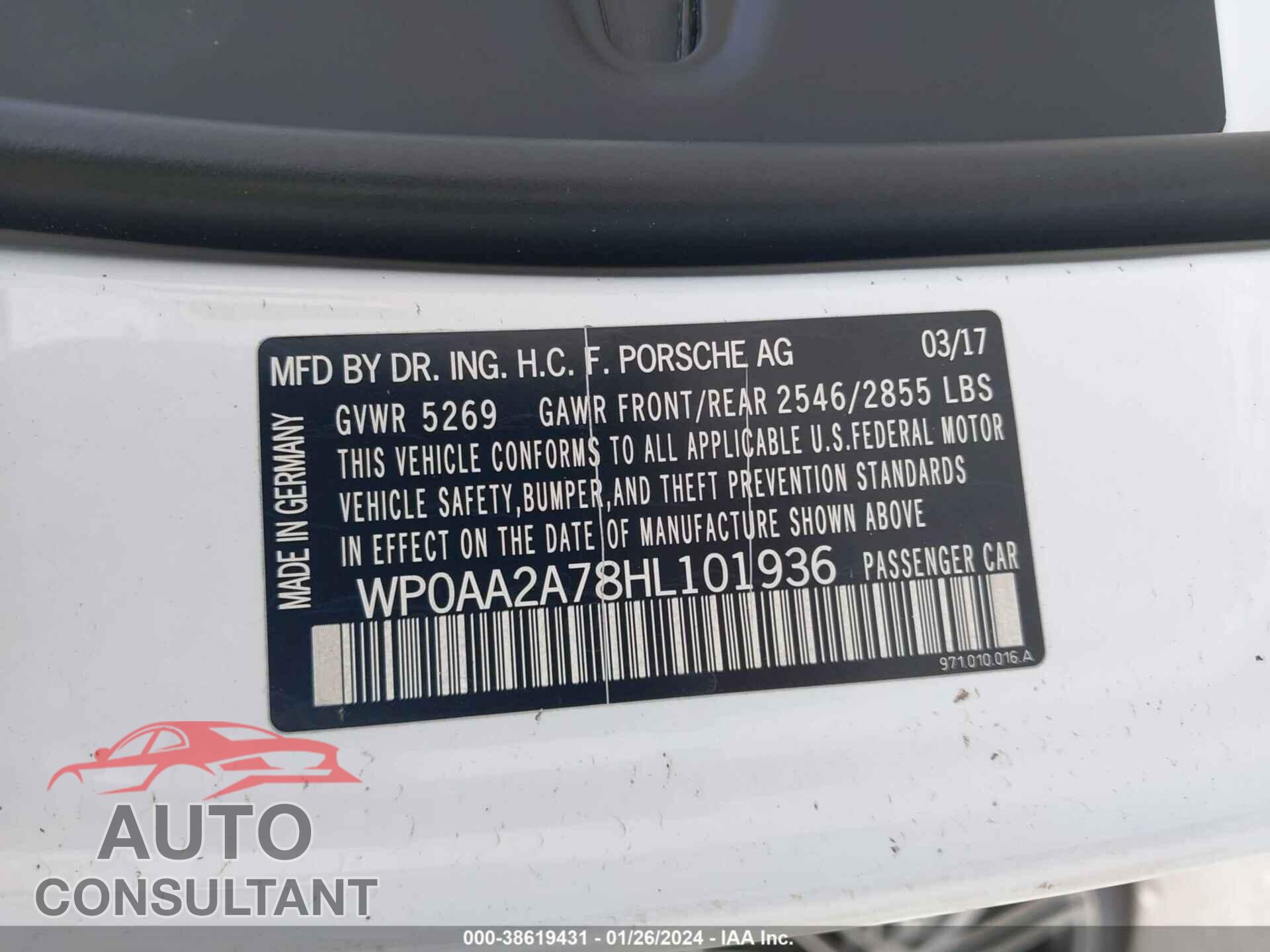 PORSCHE PANAMERA 2017 - WP0AA2A78HL101936