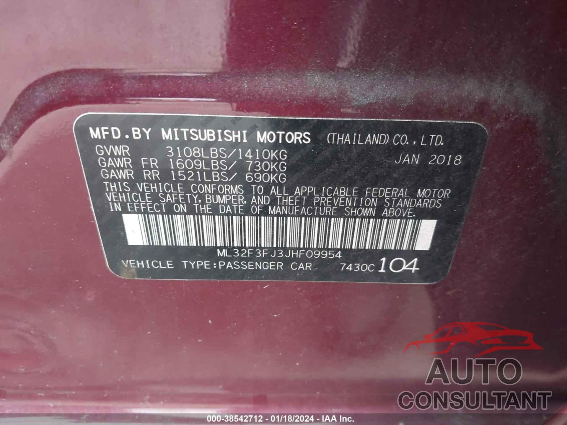 MITSUBISHI MIRAGE 2018 - ML32F3FJ3JHF09954