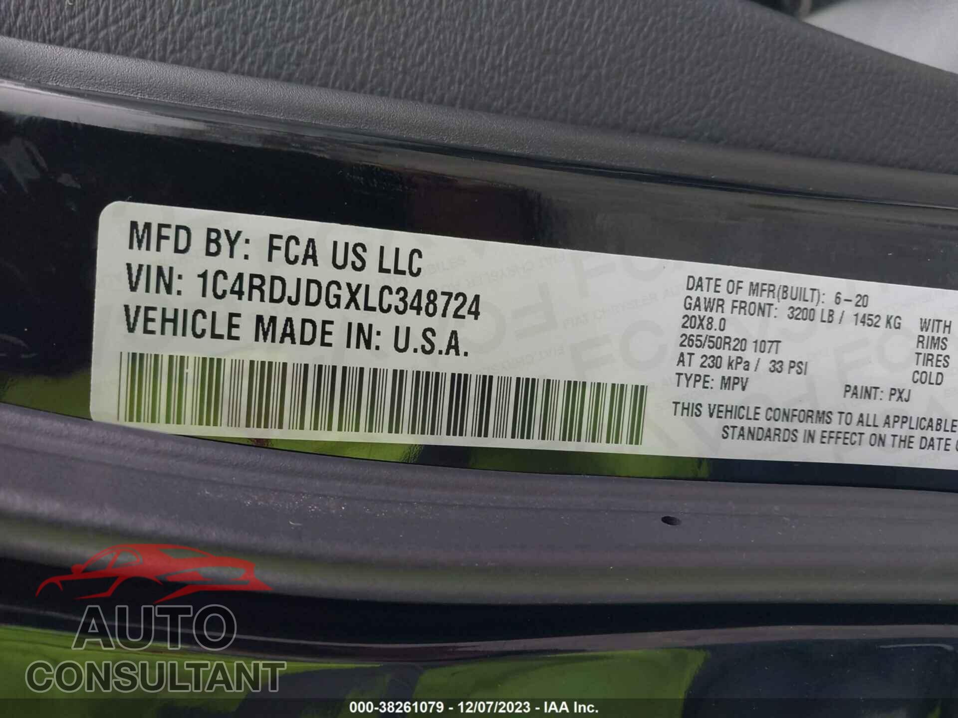 DODGE DURANGO 2020 - 1C4RDJDGXLC348724