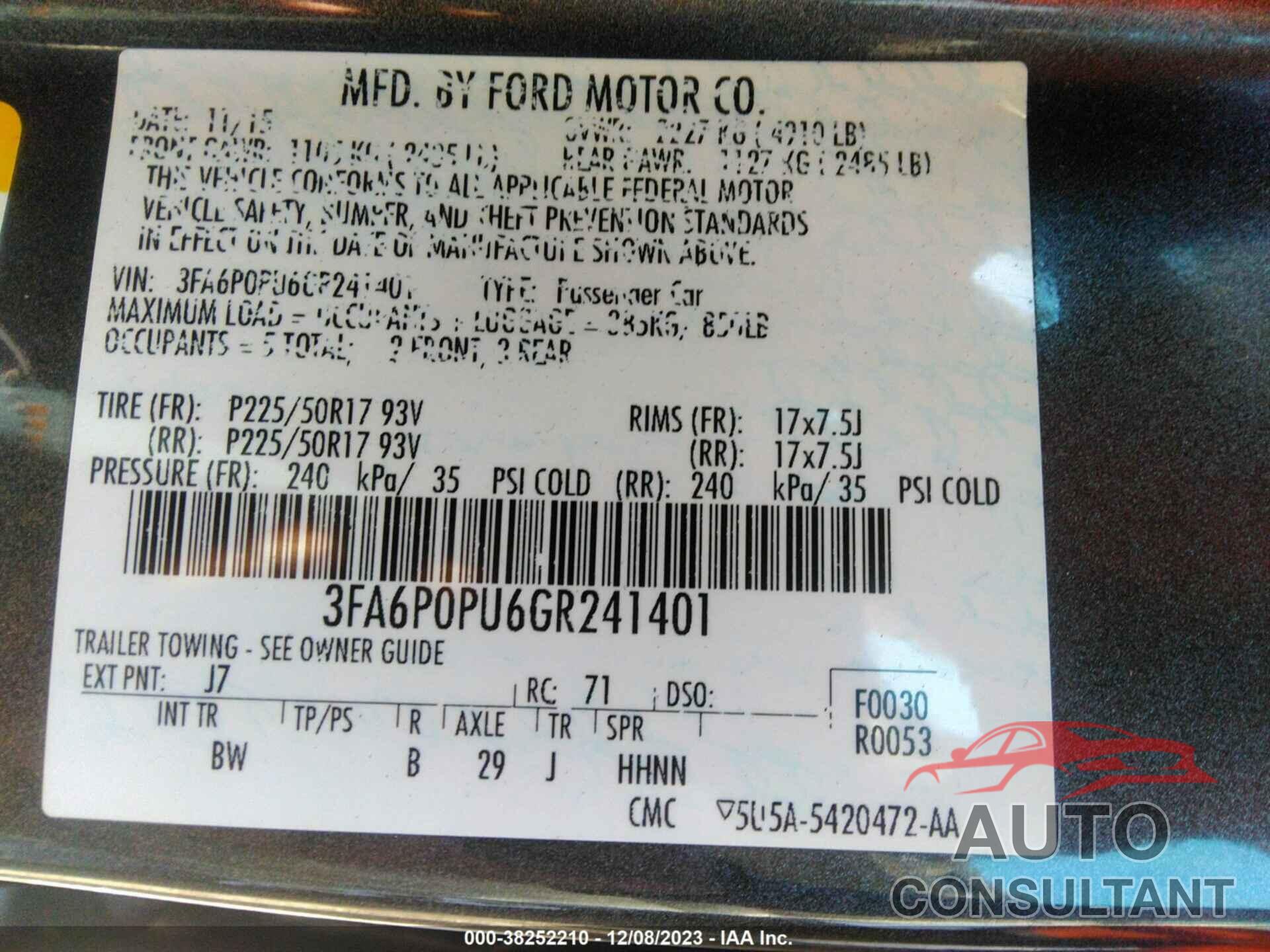 FORD FUSION ENERGI 2016 - 3FA6P0PU6GR241401