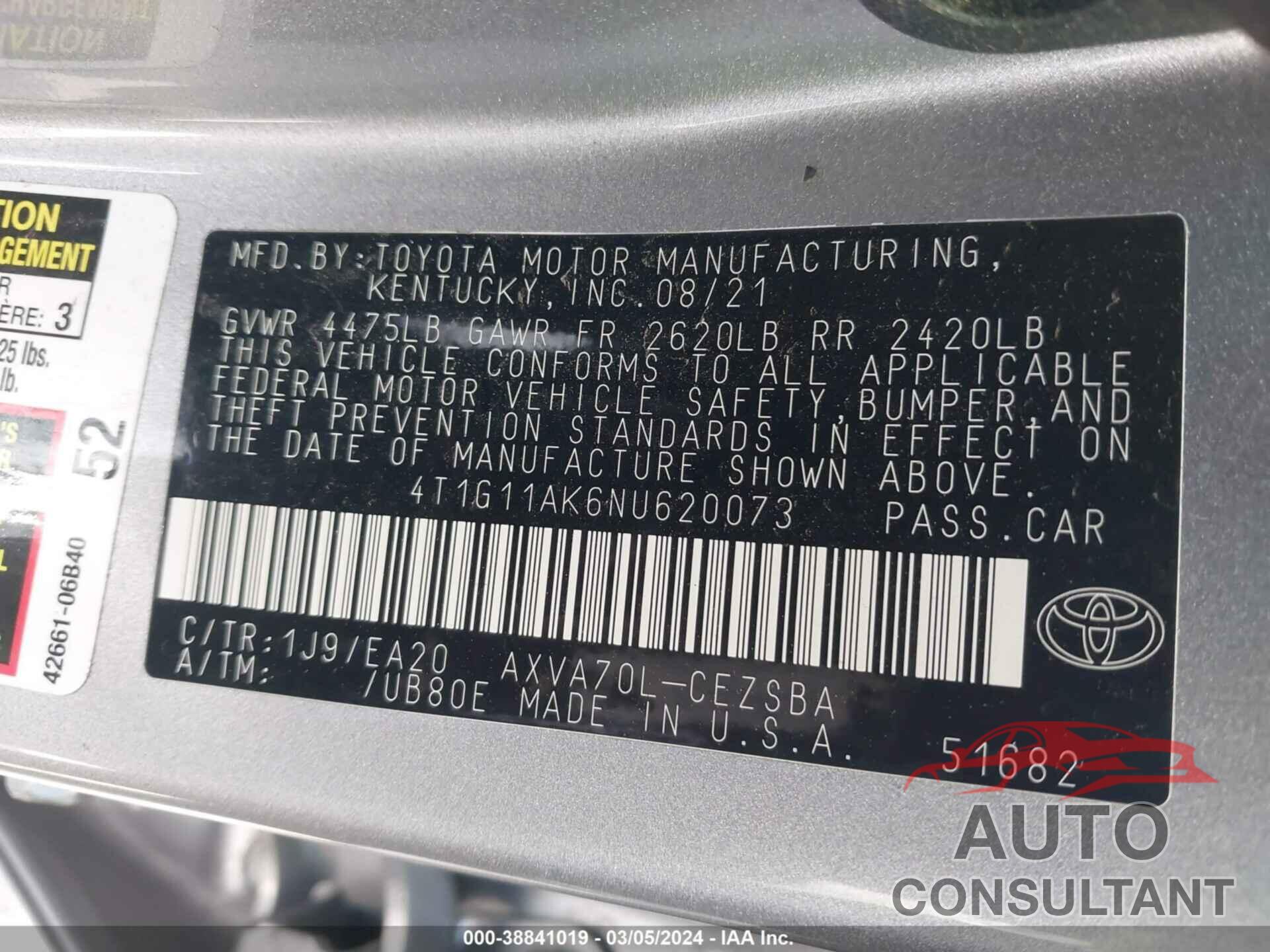 TOYOTA CAMRY 2022 - 4T1G11AK6NU620073