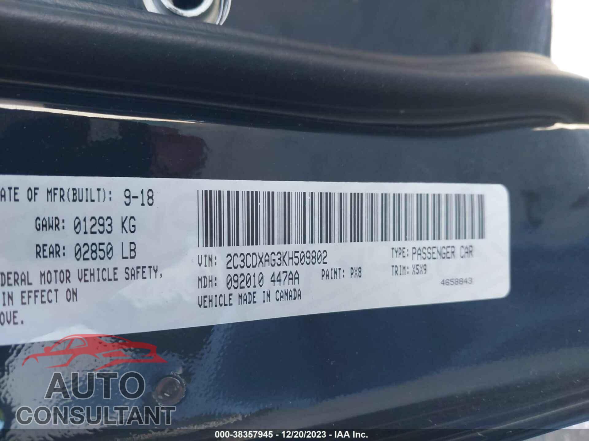DODGE CHARGER 2019 - 2C3CDXAG3KH509802