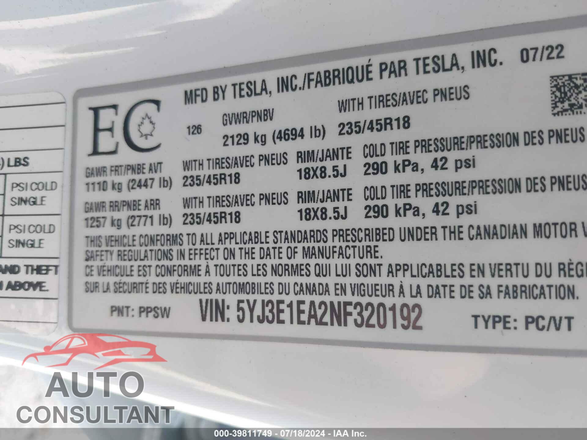 TESLA MODEL 3 2022 - 5YJ3E1EA2NF320192