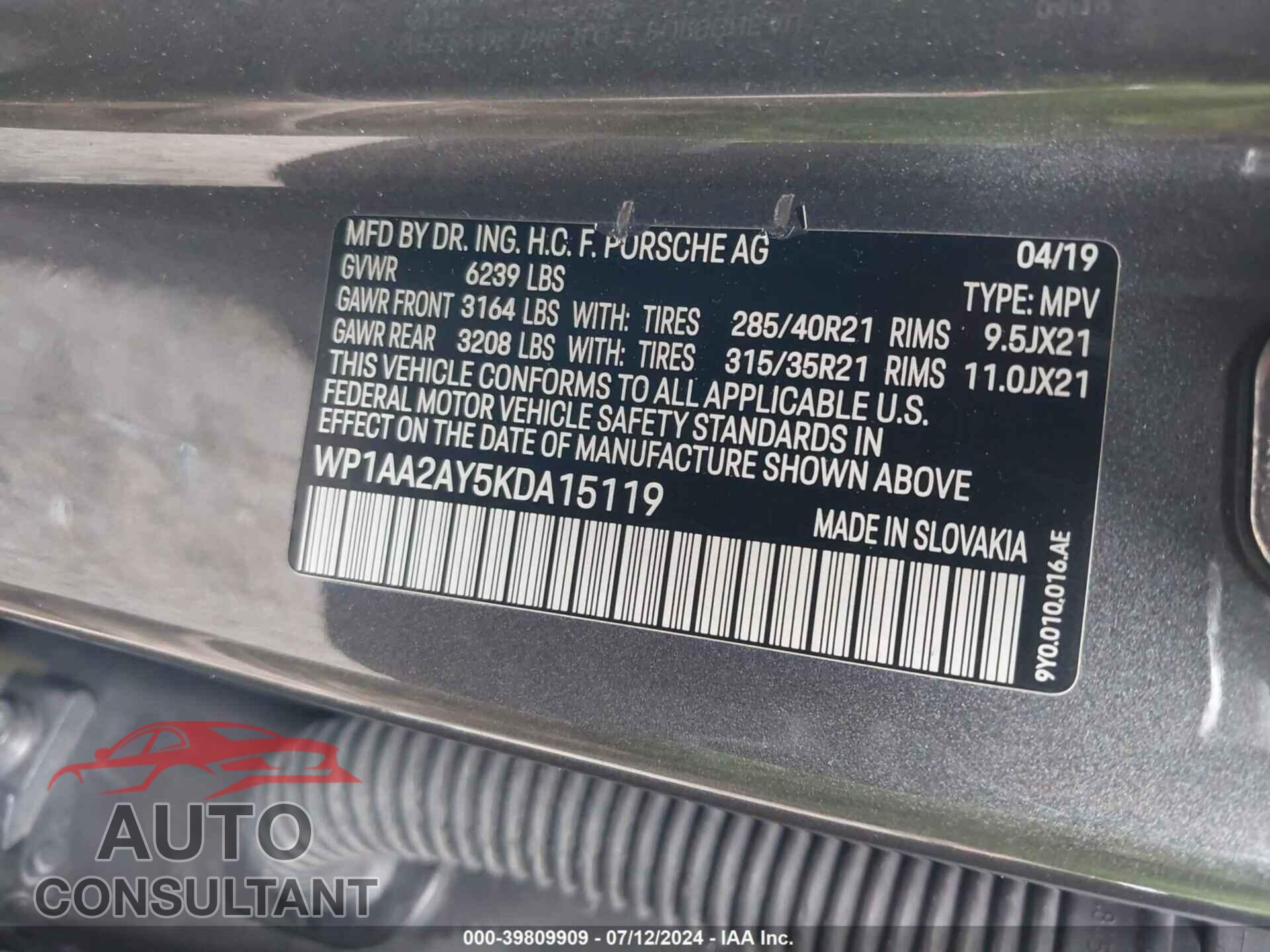 PORSCHE CAYENNE 2019 - WP1AA2AY5KDA15119