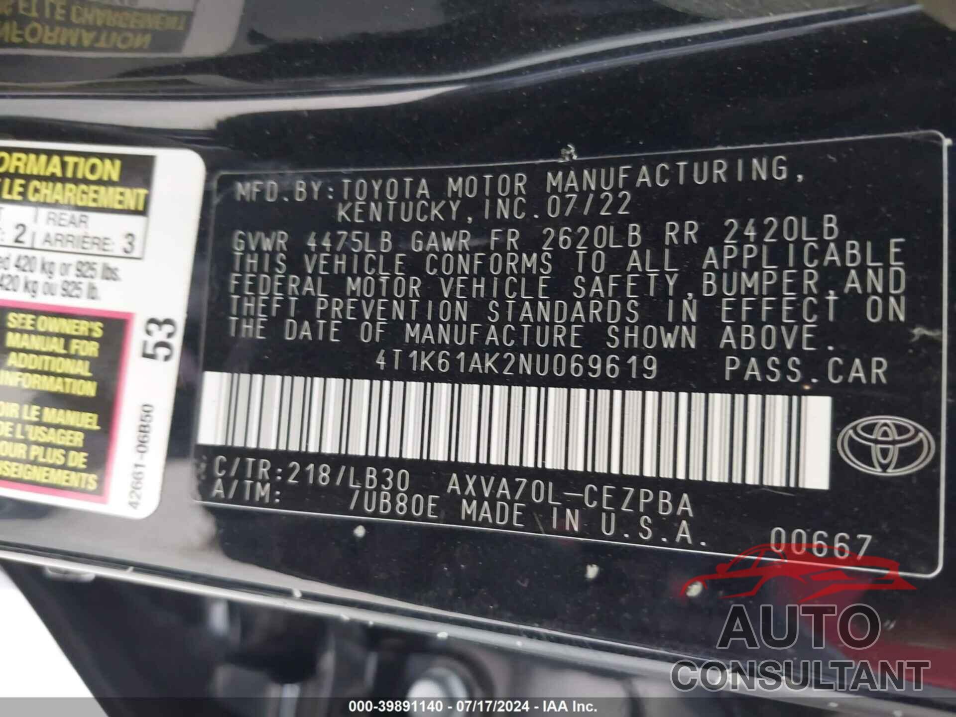 TOYOTA CAMRY 2022 - 4T1K61AK2NU069619