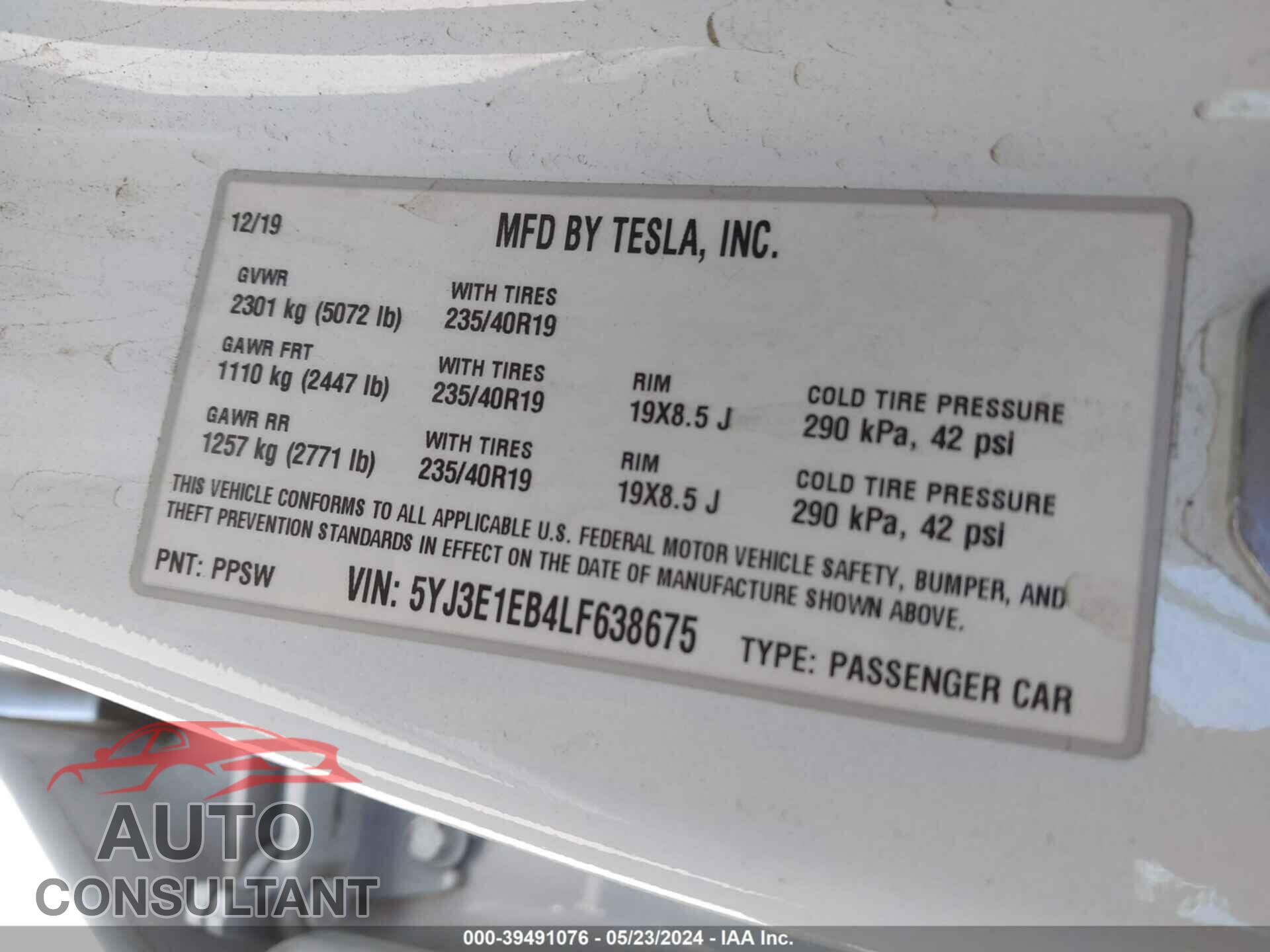 TESLA MODEL 3 2020 - 5YJ3E1EB4LF638675