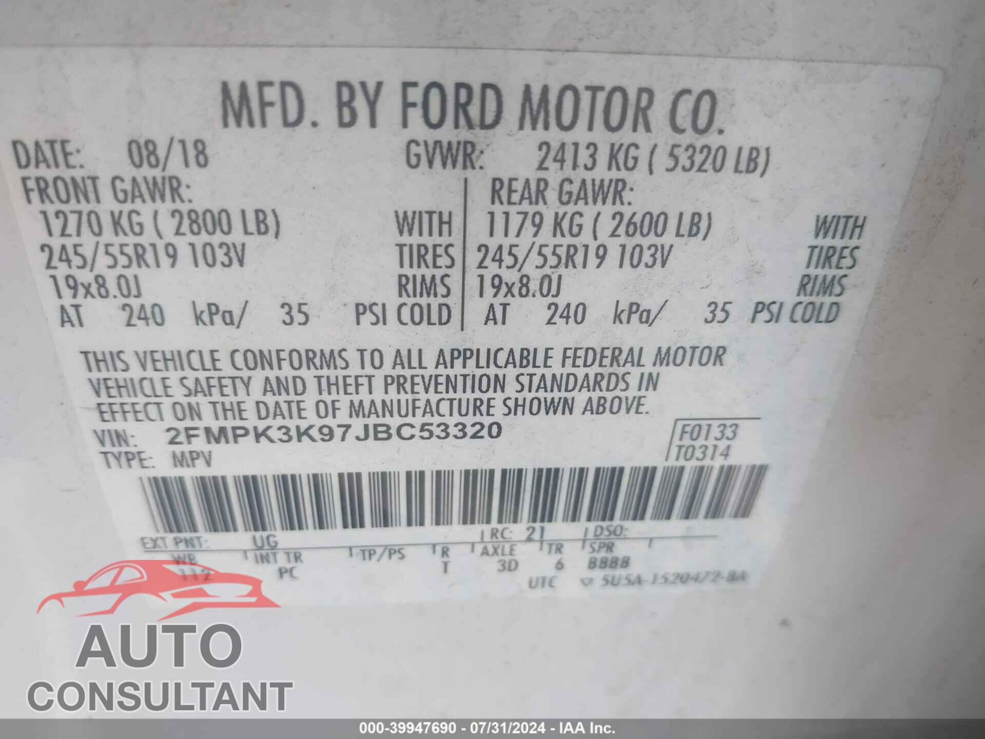 FORD EDGE 2018 - 2FMPK3K97JBC53320