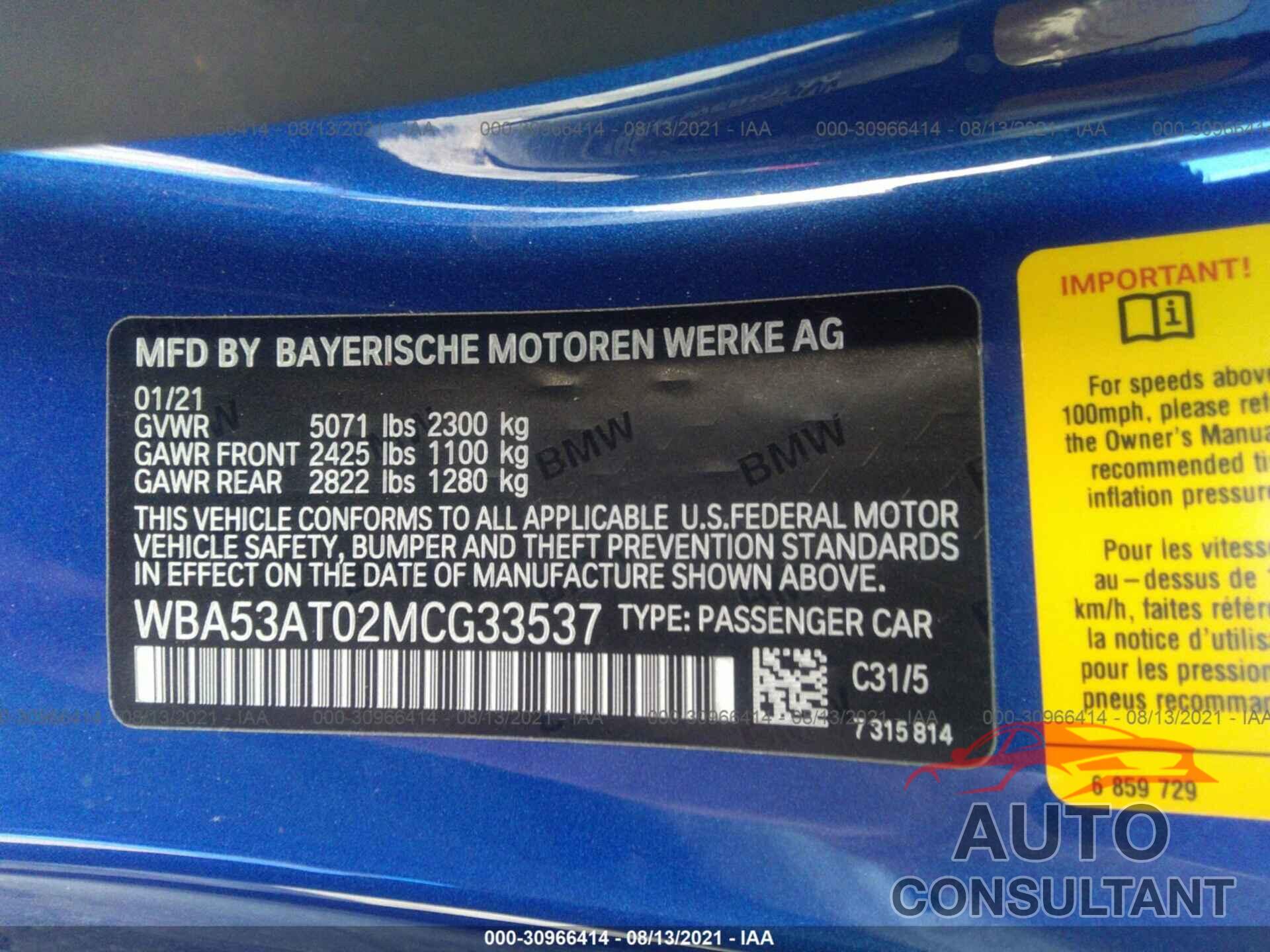 BMW 4 SERIES 2021 - WBA53AT02MCG33537