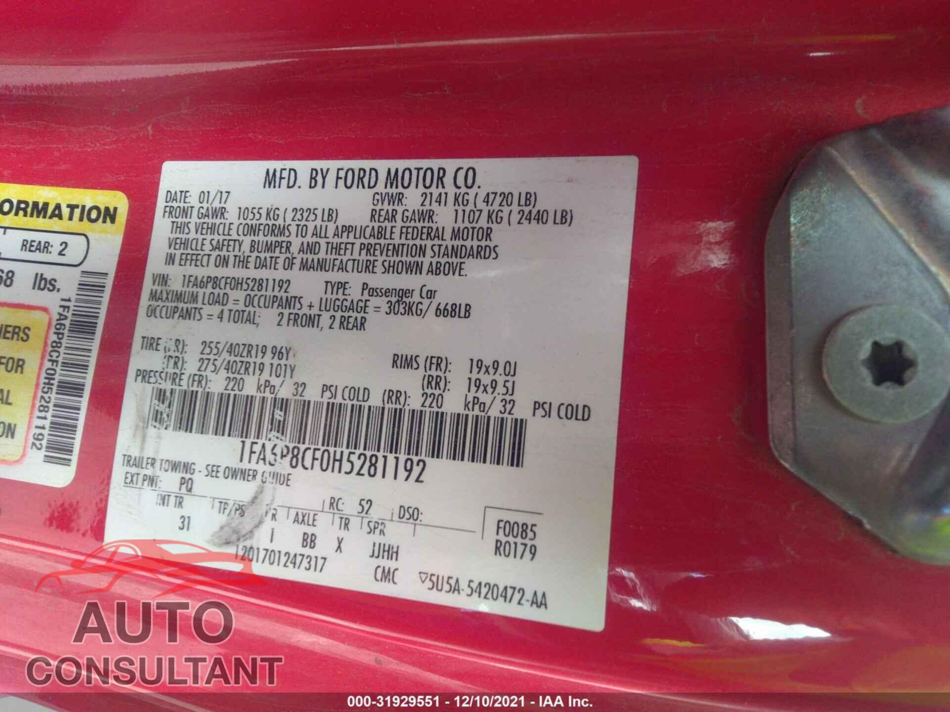 FORD MUSTANG 2017 - 1FA6P8CF0H5281192