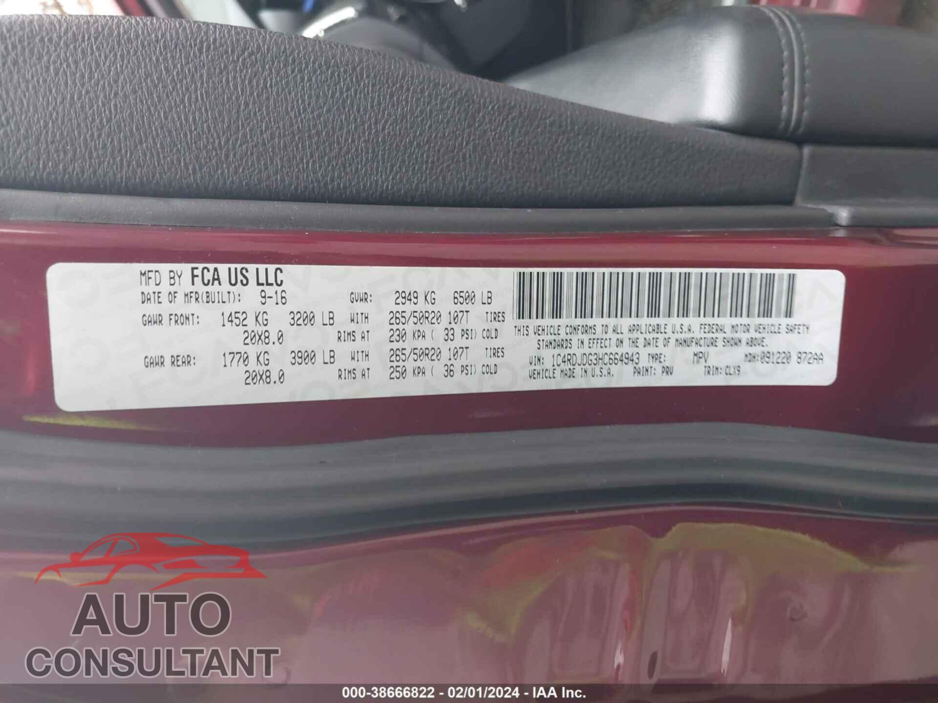 DODGE DURANGO 2017 - 1C4RDJDG3HC664943