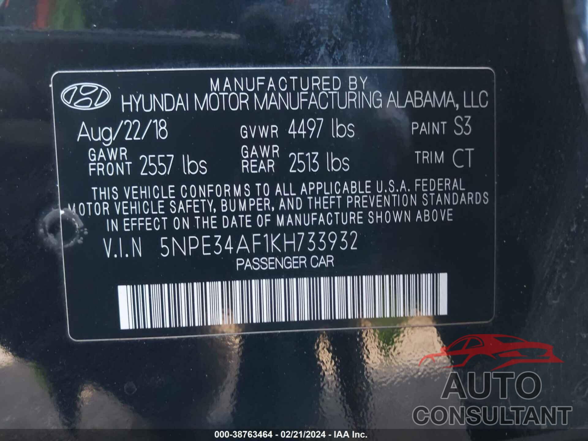 HYUNDAI SONATA 2019 - 5NPE34AF1KH733932