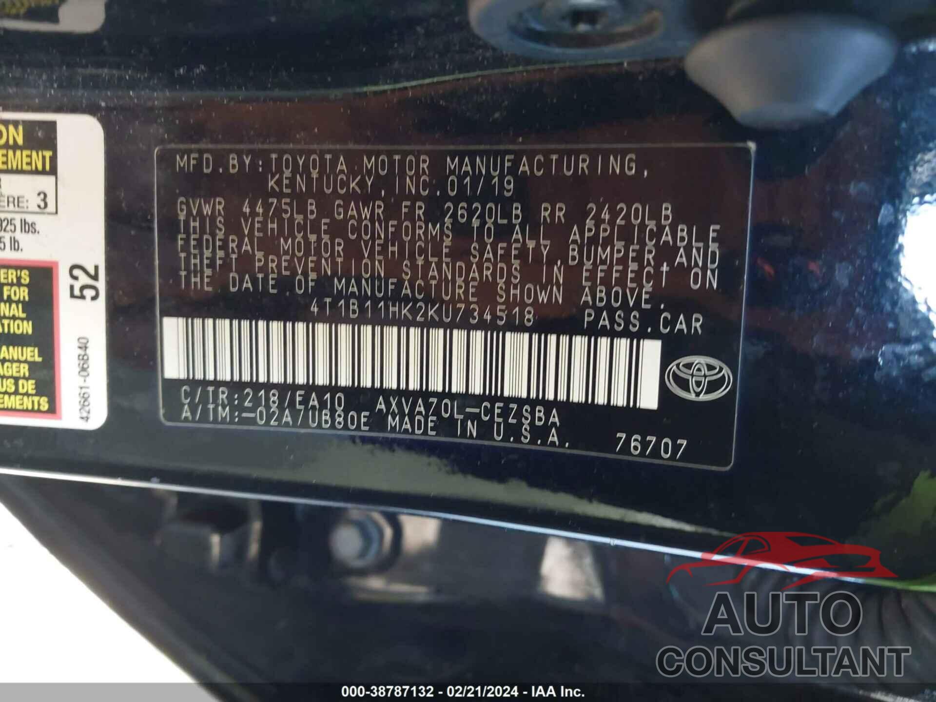 TOYOTA CAMRY 2019 - 4T1B11HK2KU734518